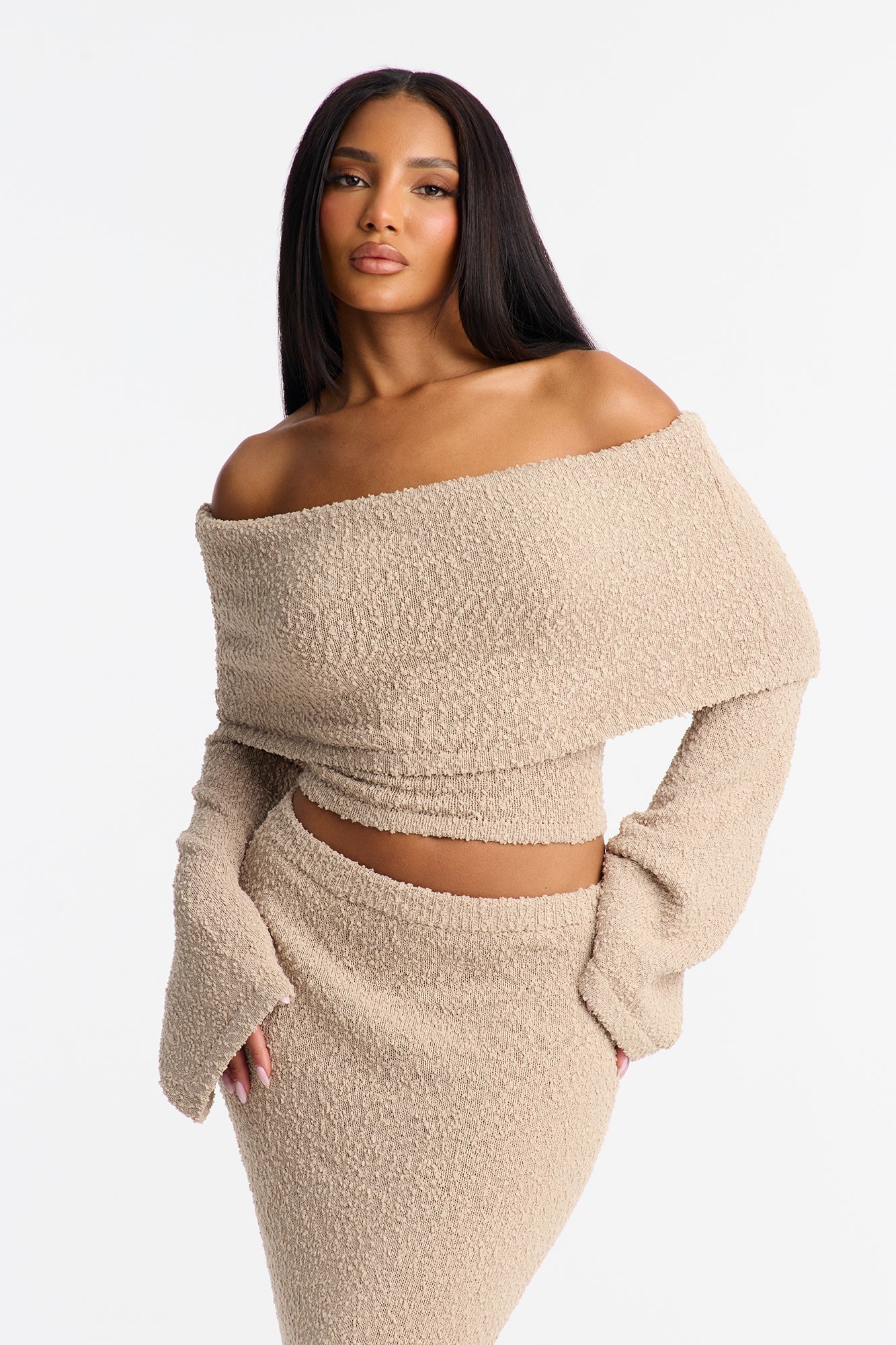 Double Date Off Shoulder Sweater Maxi Skirt Set - Taupe