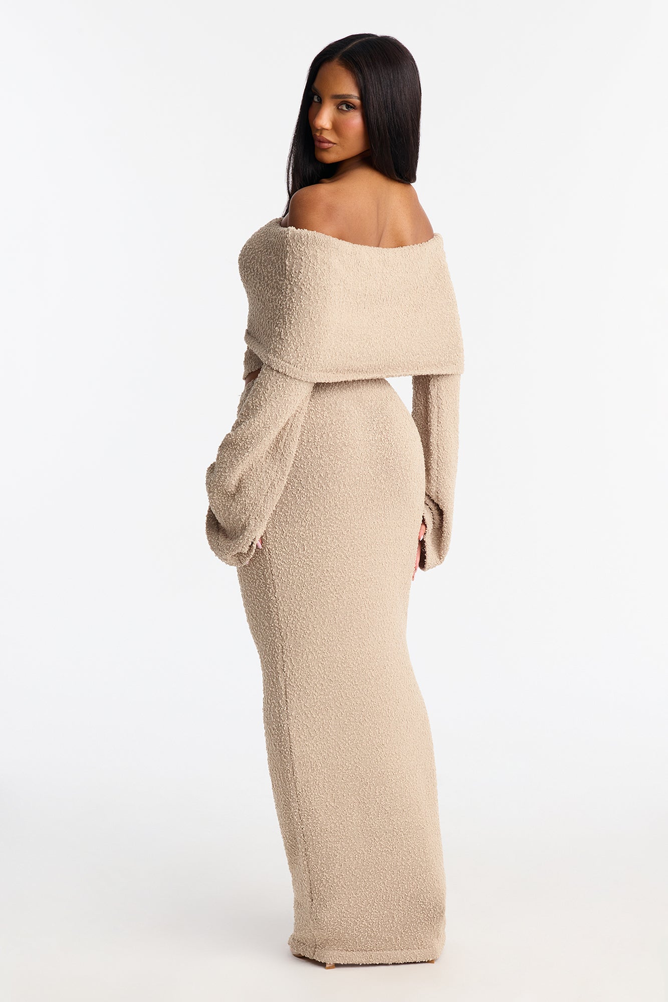 Double Date Off Shoulder Sweater Maxi Skirt Set - Taupe