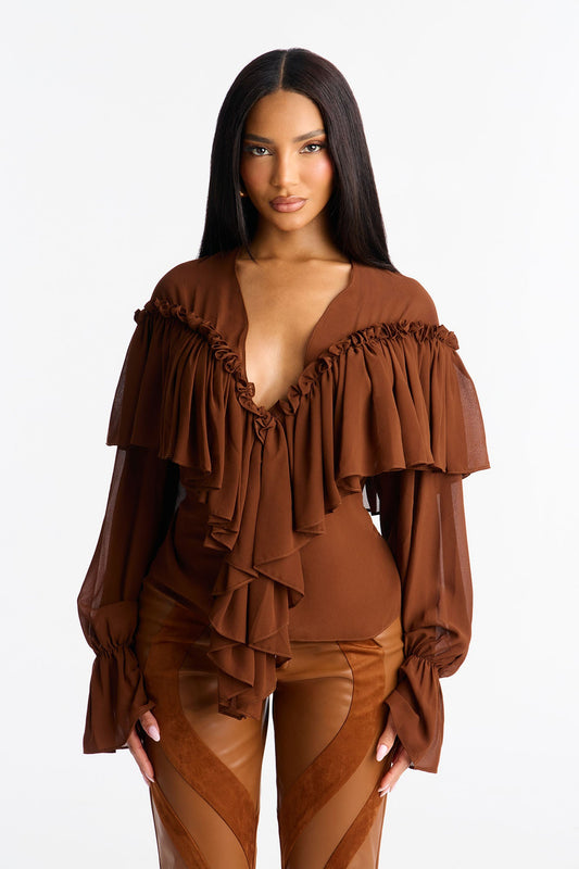 Golden Aura Sheer Ruffle Chiffon Top - Brown