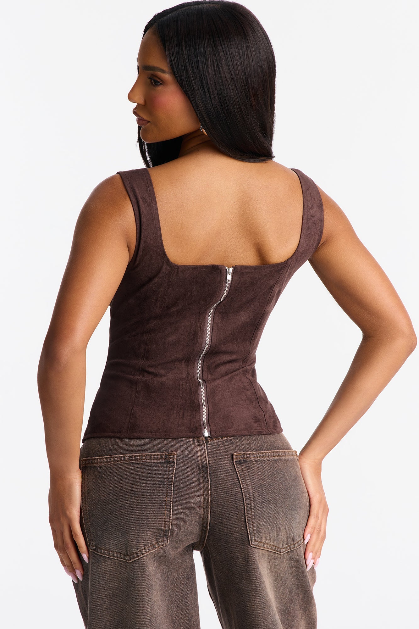 Lizzie Faux Suede Tank Top - Chocolate