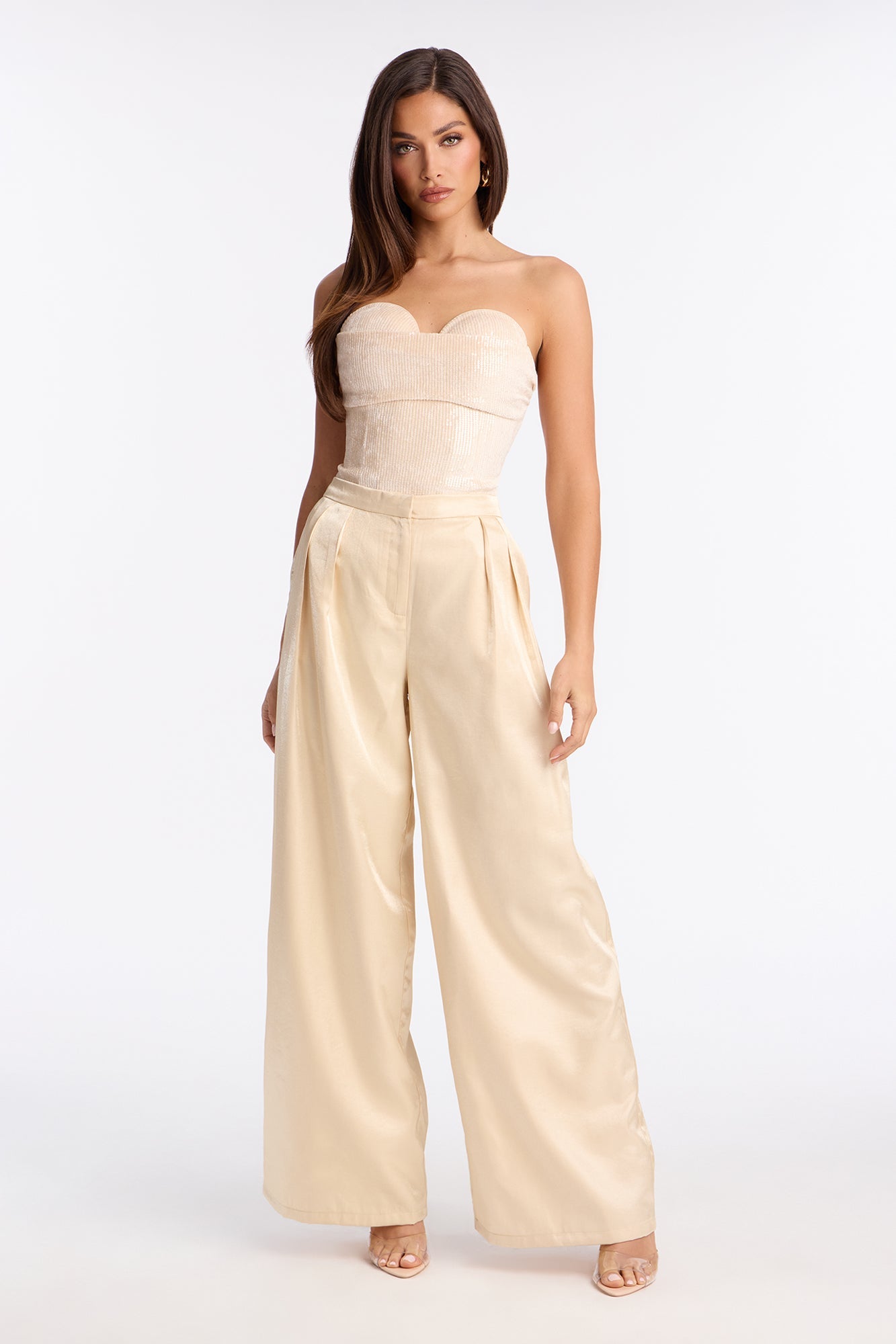 Angelica Satin Wide Leg Trousers 33″ - Champagne