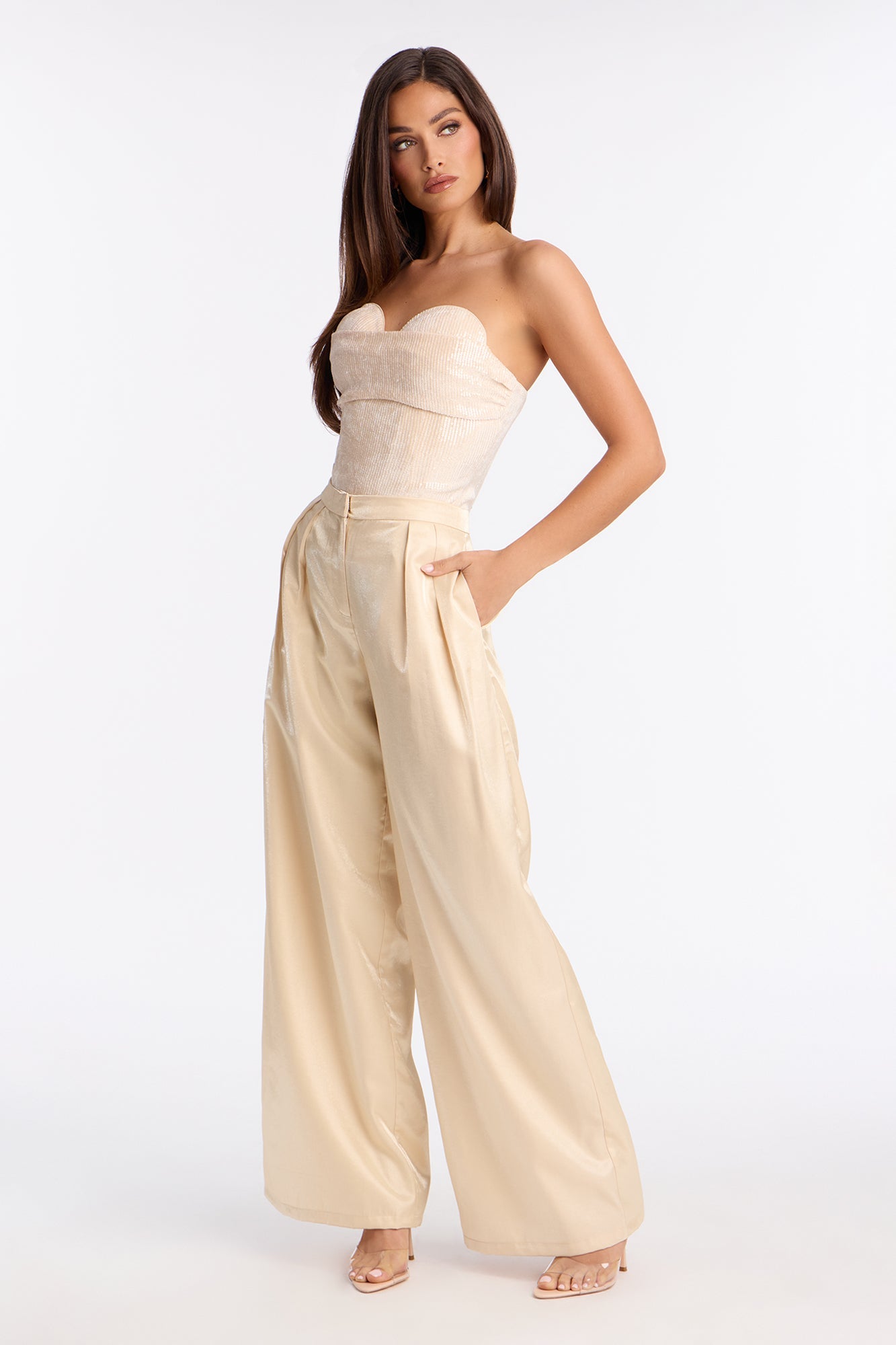 Angelica Satin Wide Leg Trousers 33″ - Champagne