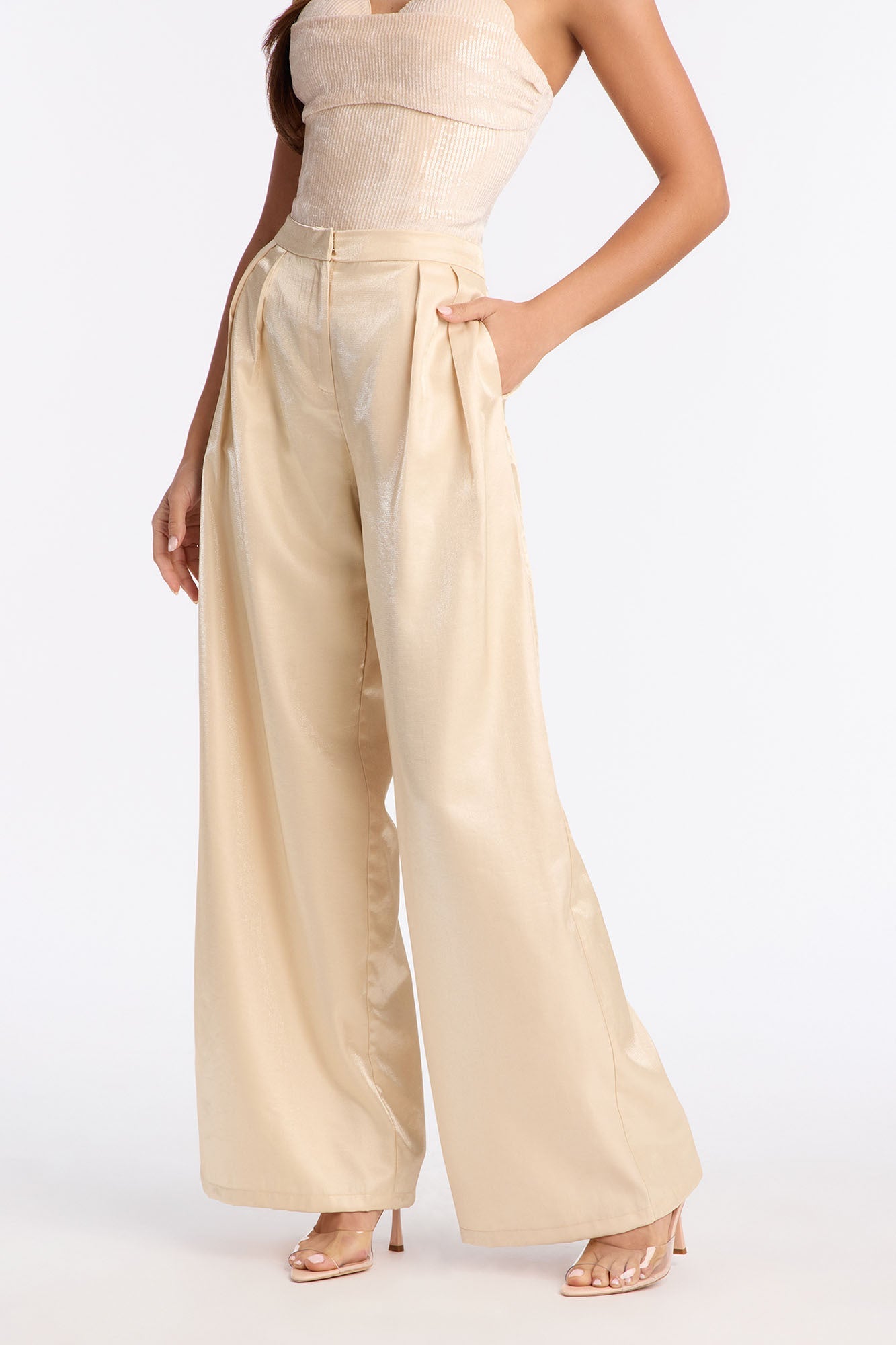 Angelica Satin Wide Leg Trousers 33″ - Champagne