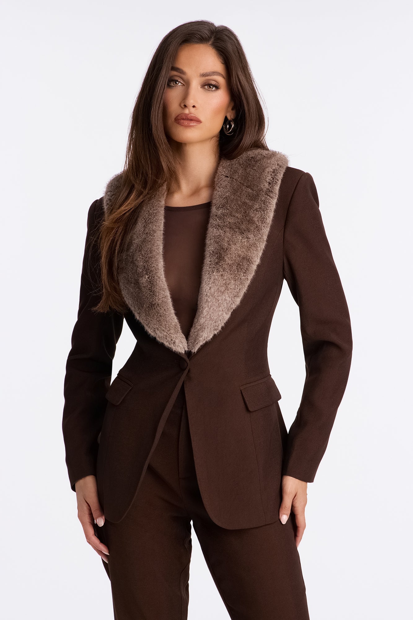 Night Out On The Town Faux Fur Blazer - Brown