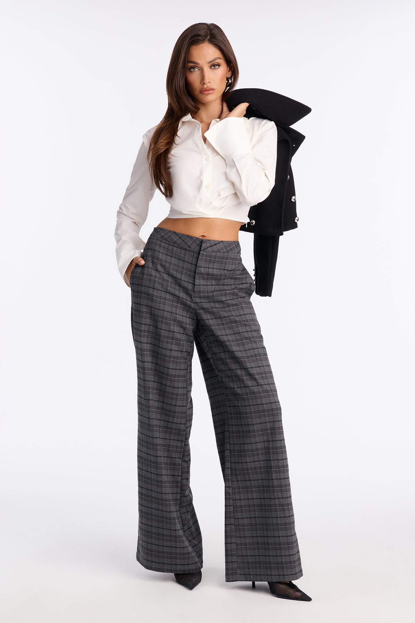 Brienne Plaid Wide Leg Trouser Pant 33 - Grey/combo
