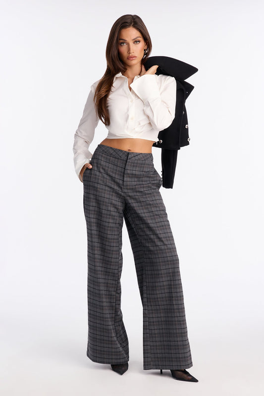 Brienne Plaid Wide Leg Trouser Pant 33 - Grey/combo