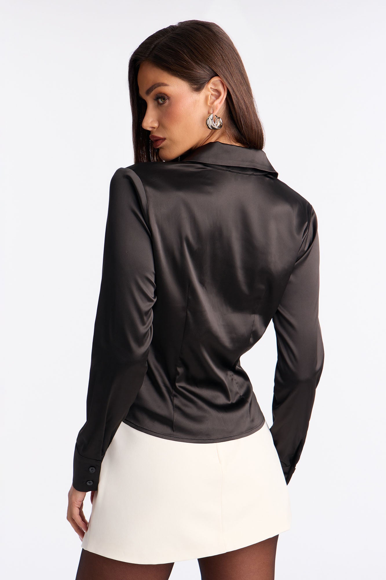 Feeling Smitten Cinched Waist Satin Shirt - Black