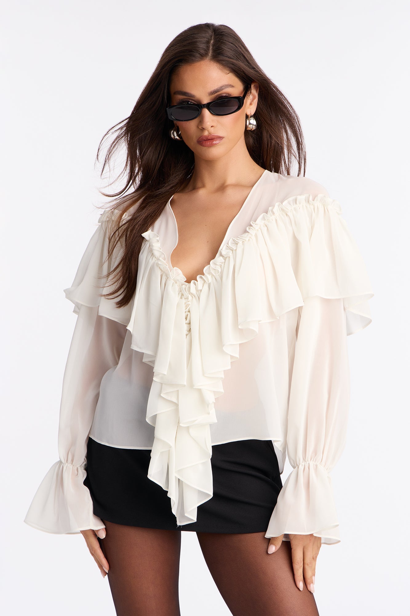 Golden Aura Sheer Ruffle Chiffon Top - Ivory