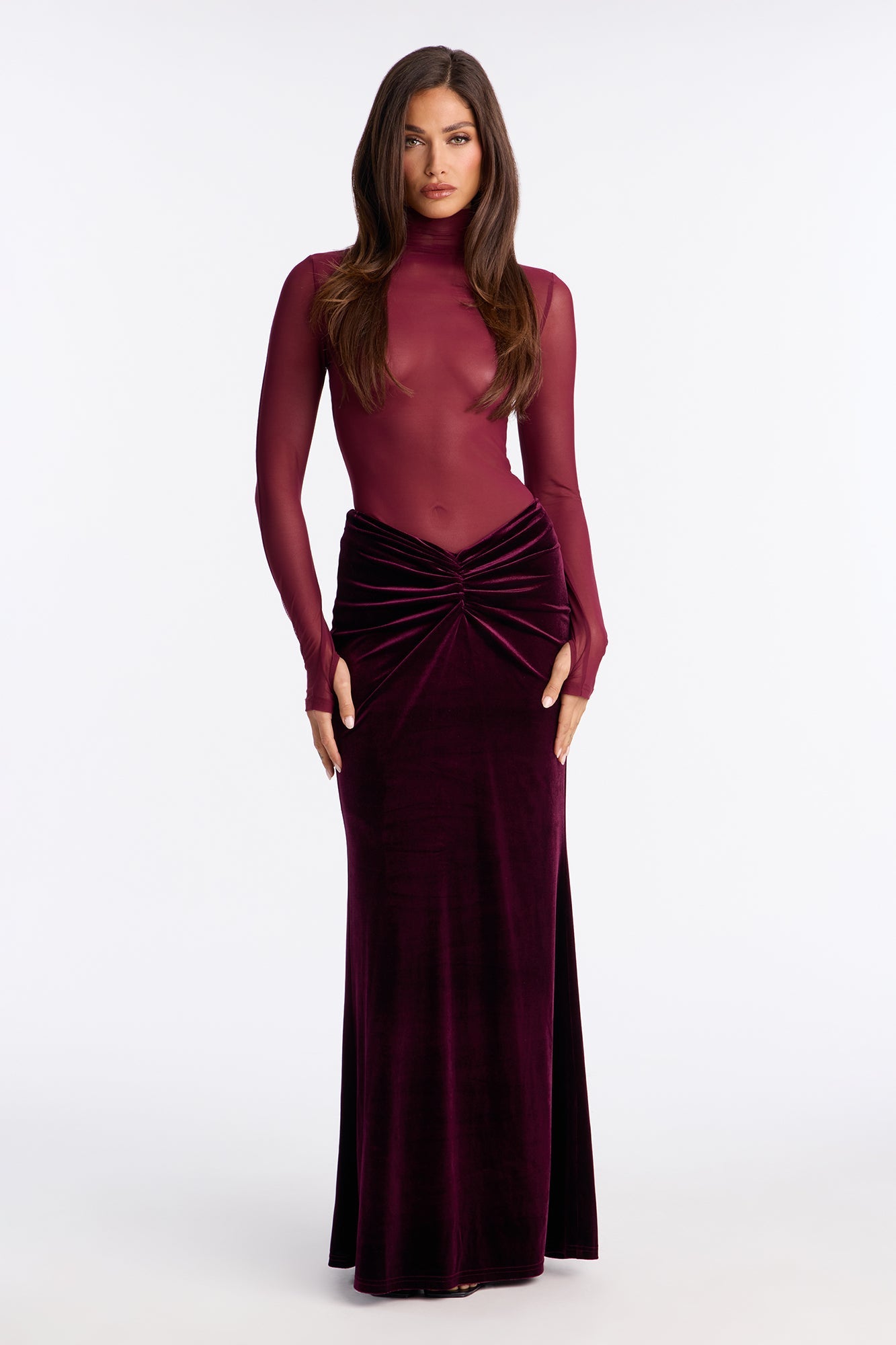 Crushing On You Velvet V Front Maxi Skirt - Burgundy