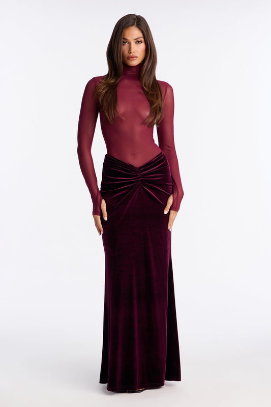 Crushing On You Velvet V Front Maxi Skirt - Burgundy