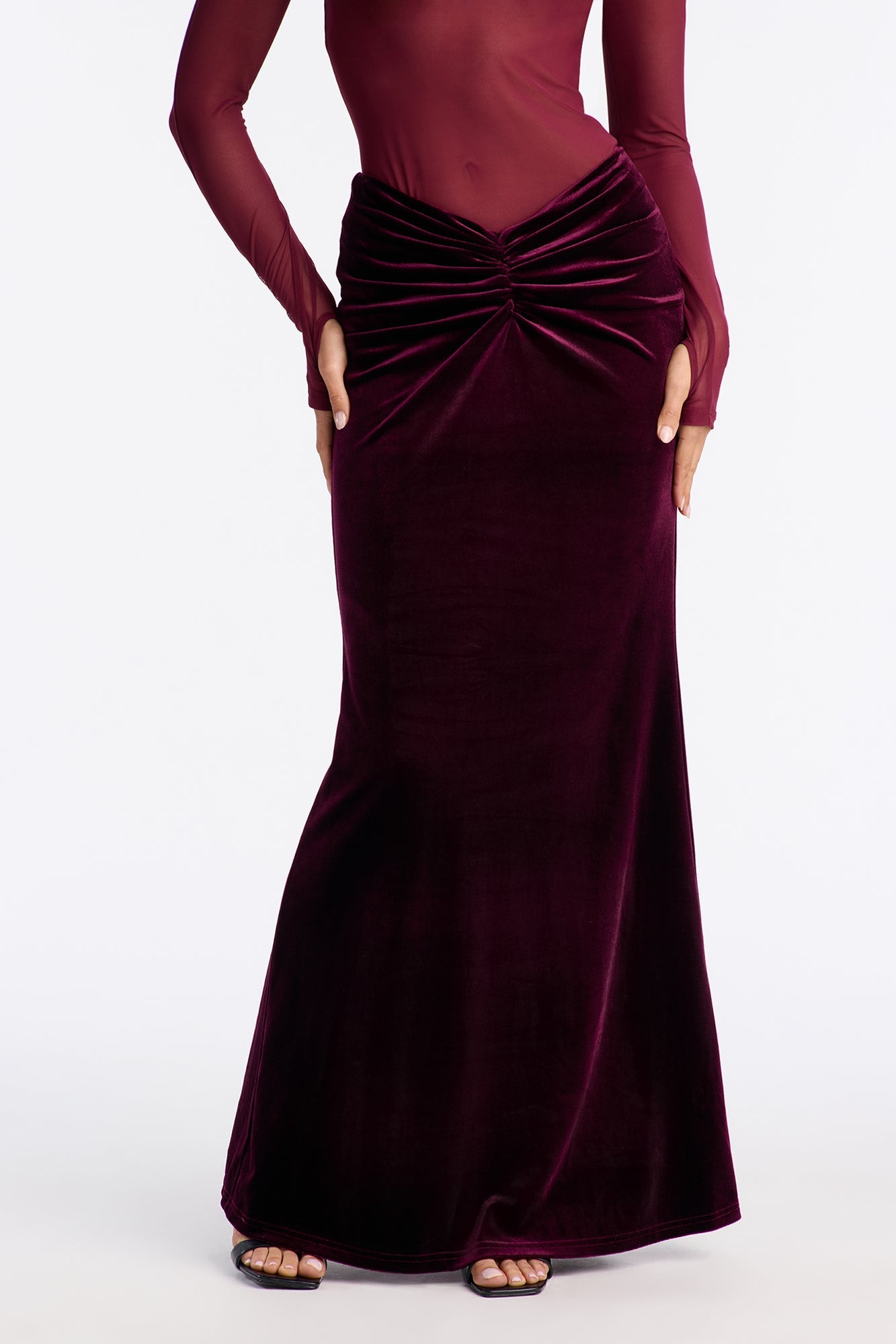 Crushing On You Velvet V Front Maxi Skirt - Burgundy