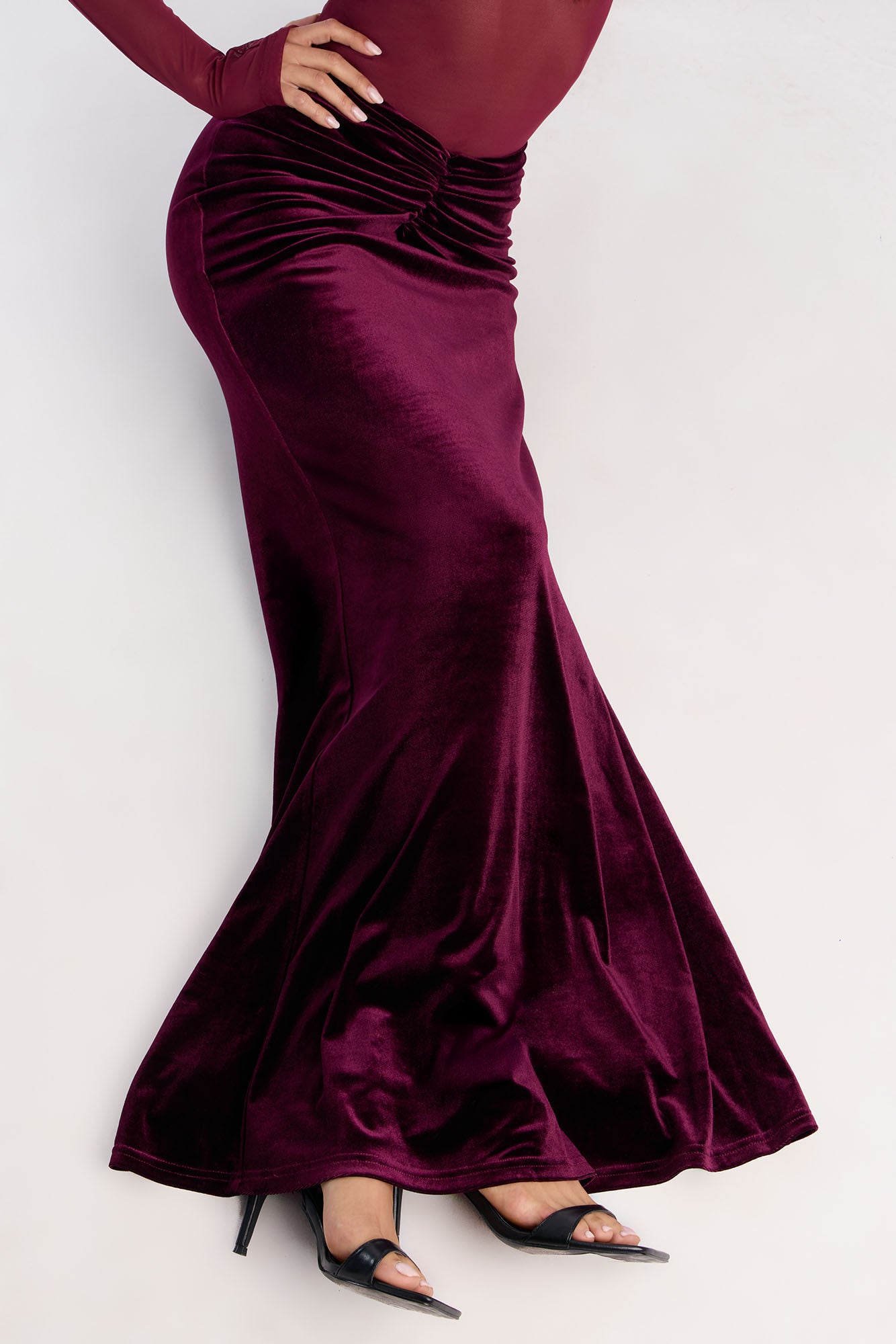 Crushing On You Velvet V Front Maxi Skirt - Burgundy