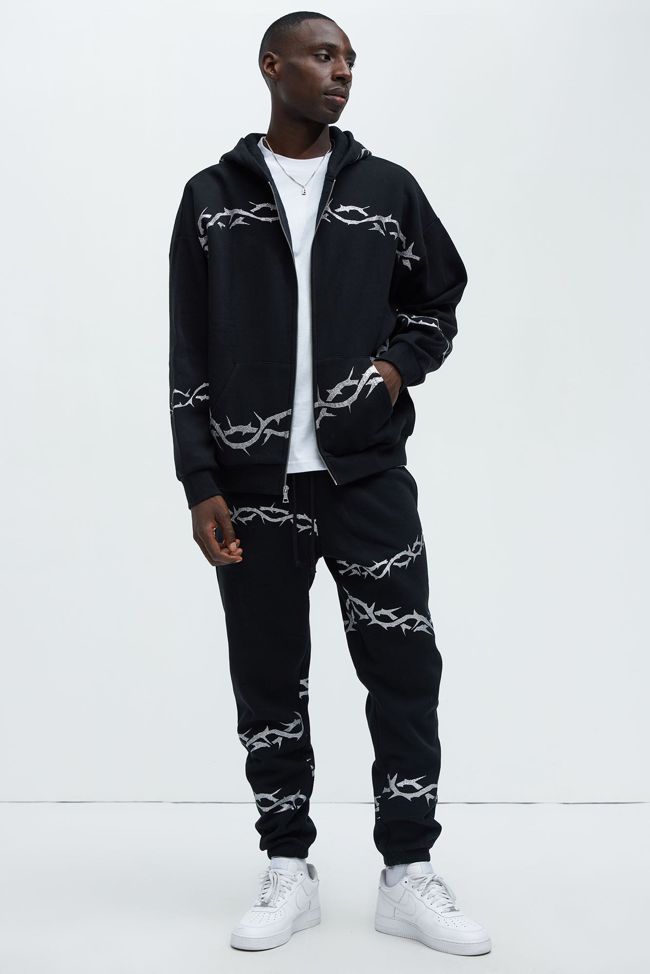 Tyson Barbed Wire Oversized Zip Hoodie - Black