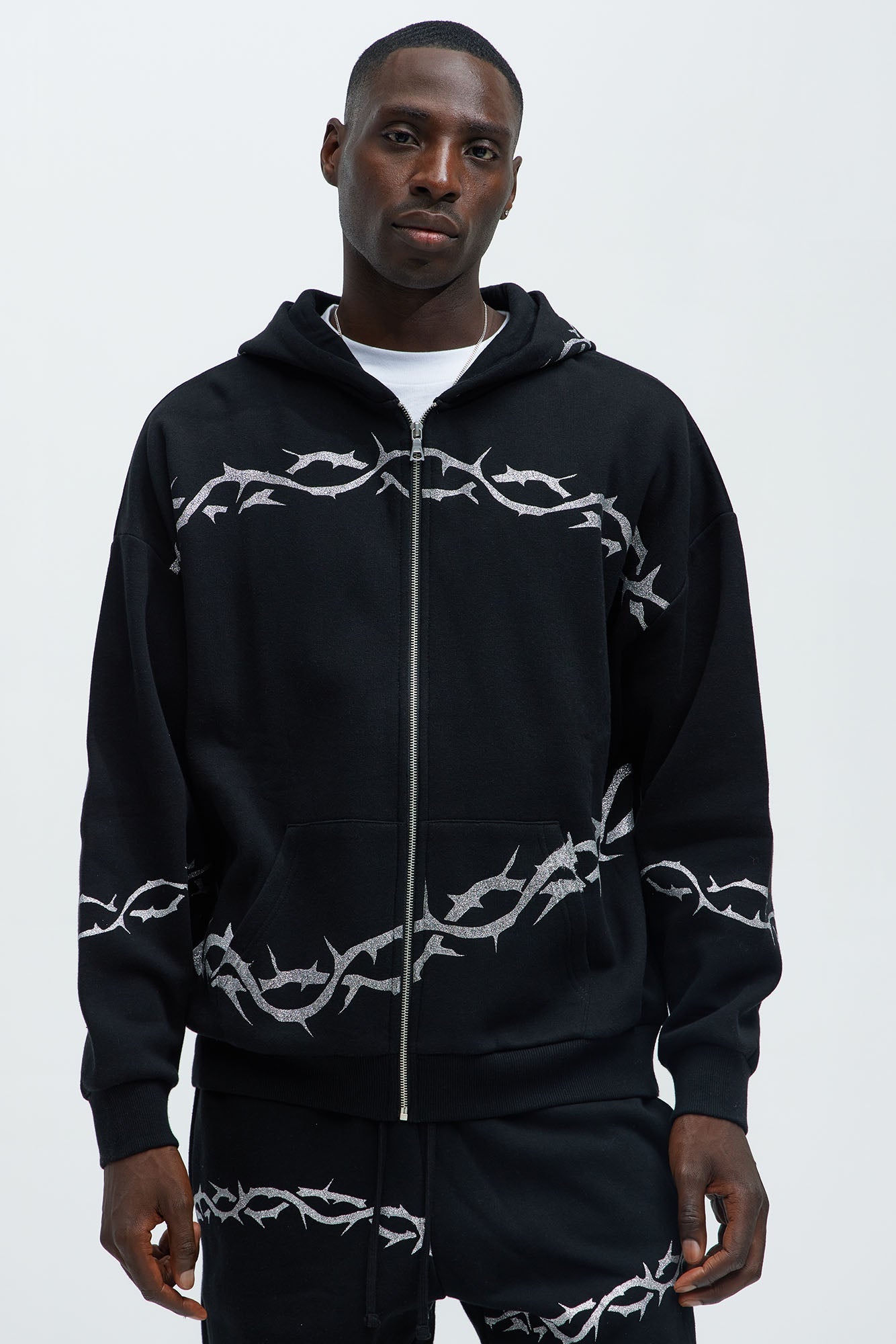 Tyson Barbed Wire Oversized Zip Hoodie - Black
