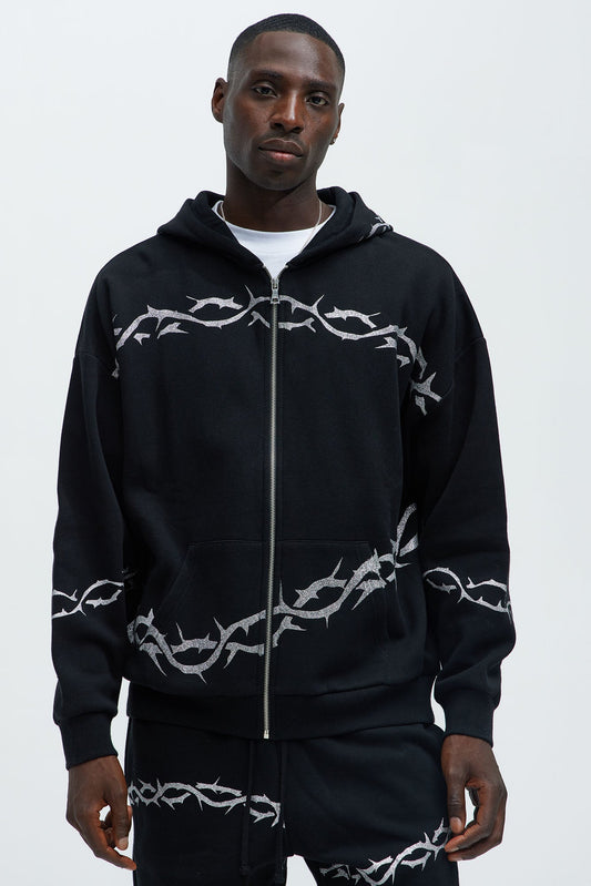 Tyson Barbed Wire Oversized Zip Hoodie - Black