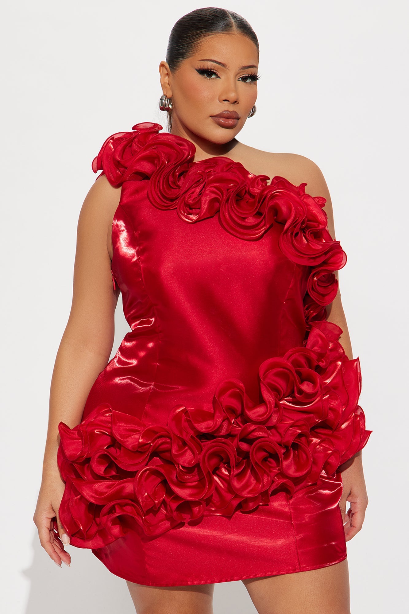 Red Carpet Ready Ruffle Satin Mini Dress - Red