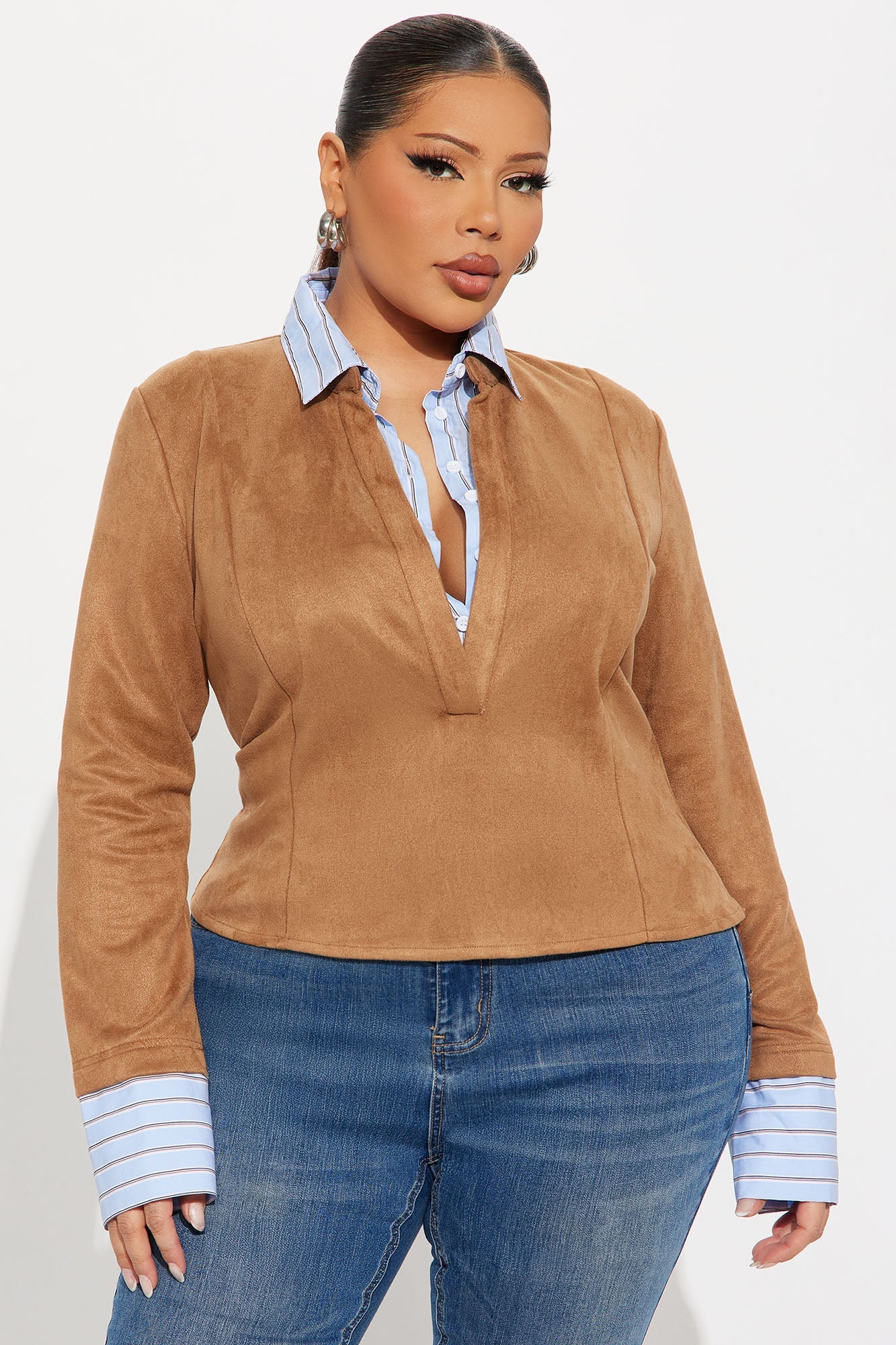 Perfect Illusion Faux Suede Top - Camel/combo
