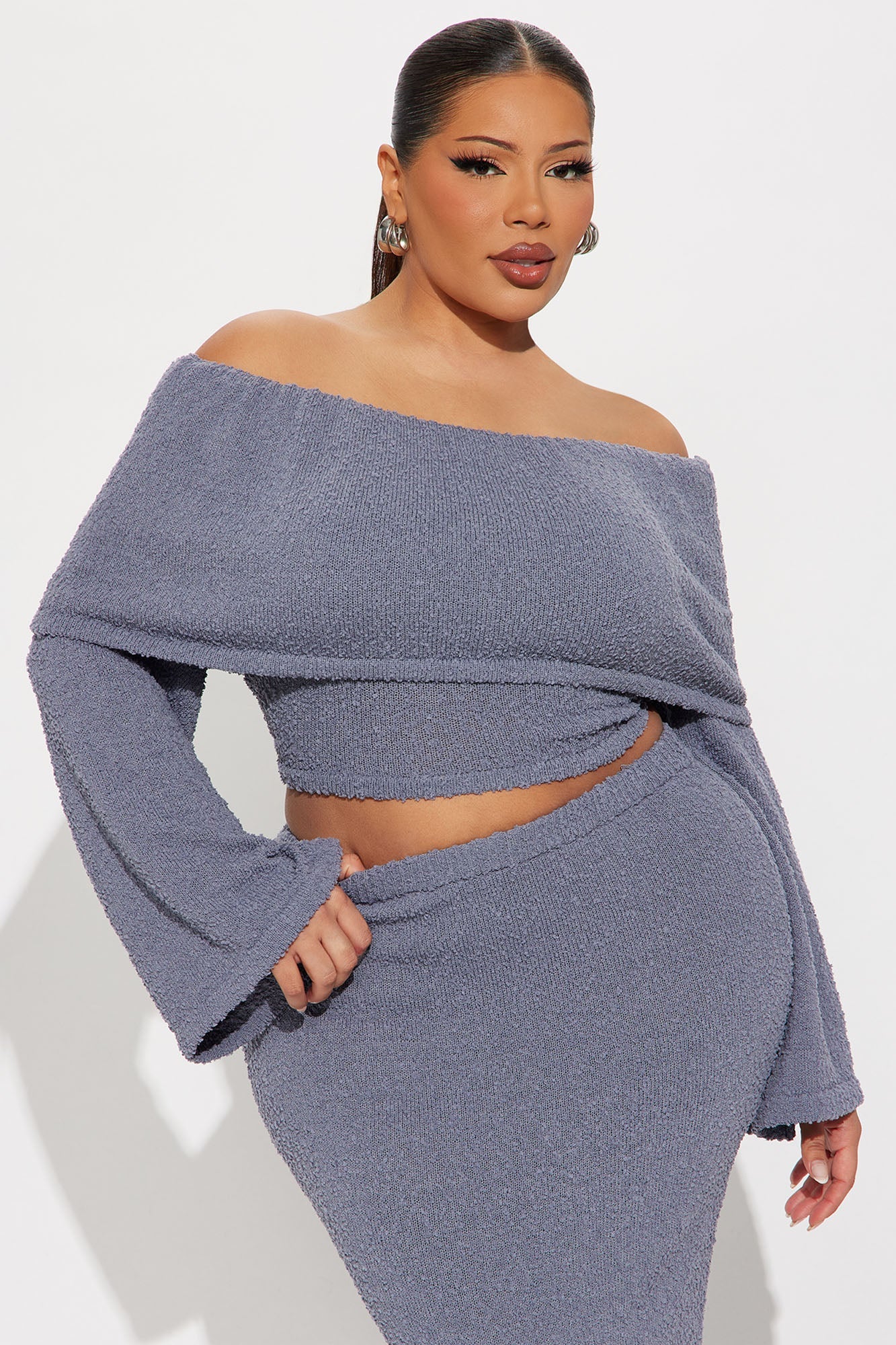 Double Date Off Shoulder Sweater Maxi Skirt Set - Dark Grey