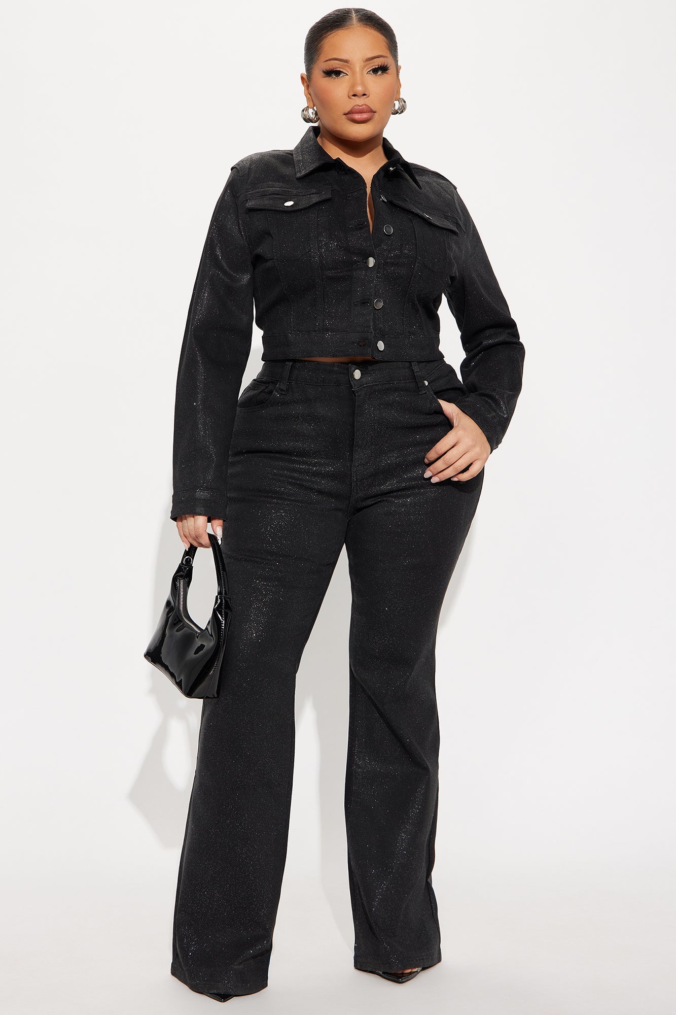 Past Midnight Glitter Foil Flare Jeans - Black