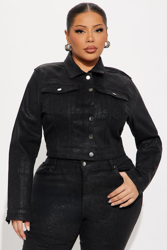 Past Midnight Glitter Foil Denim Jacket - Black