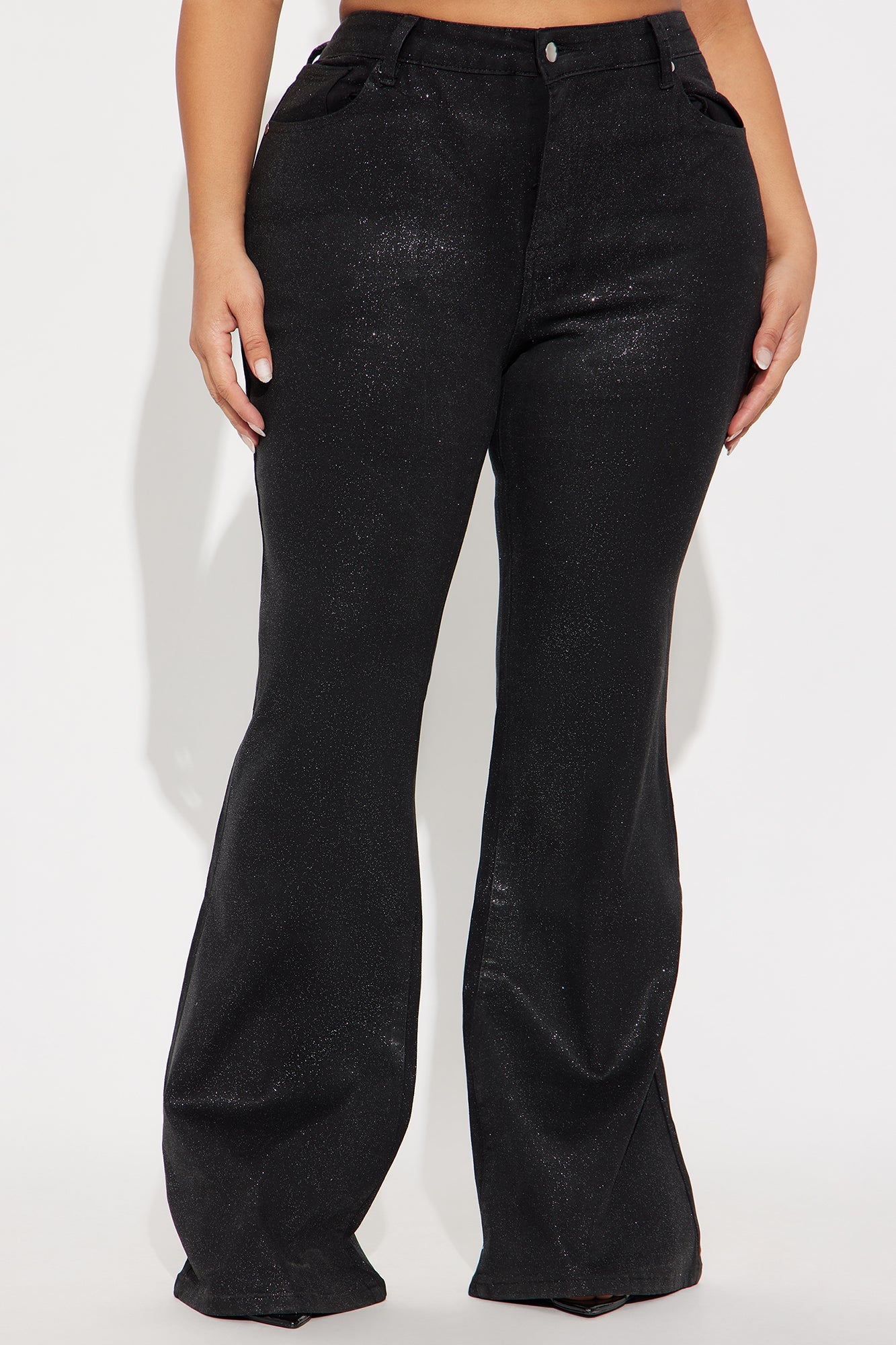 Past Midnight Glitter Foil Flare Jeans - Black