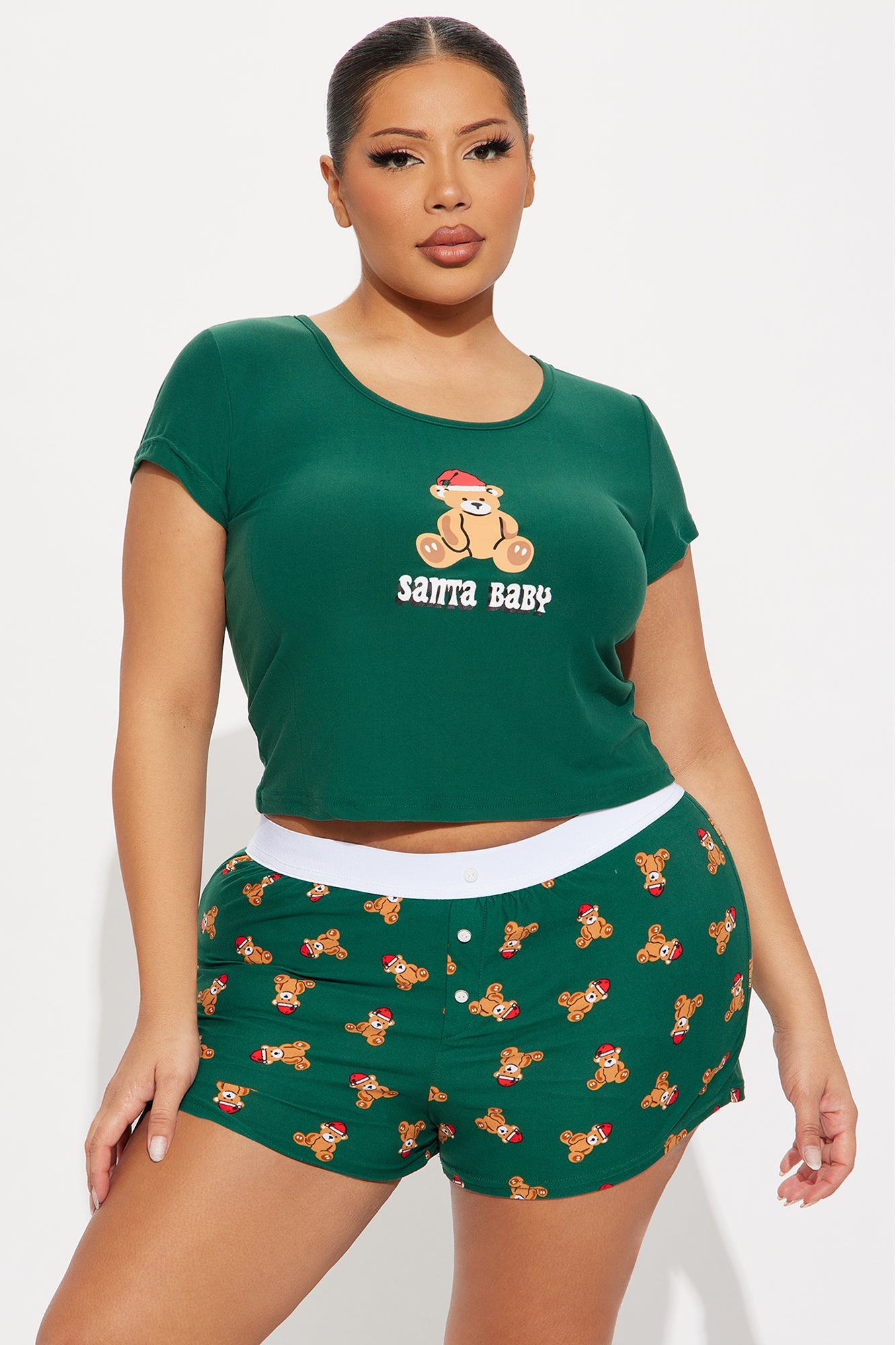 Santa Baby Teddy Bear Short Sleeve PJ Boxer Short Set - Green/combo