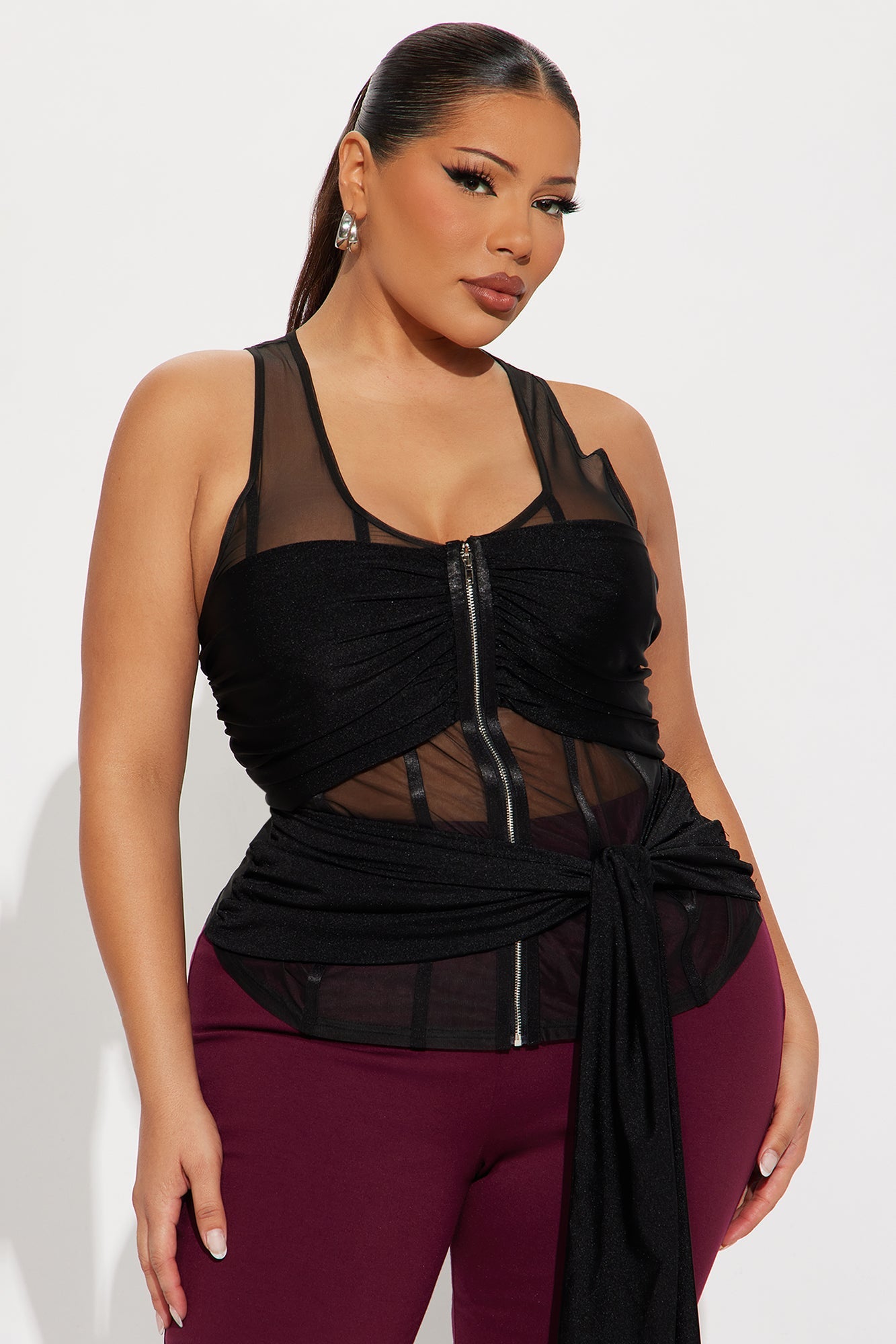 Zayla Scoop Neck Drape Mesh Top - Black