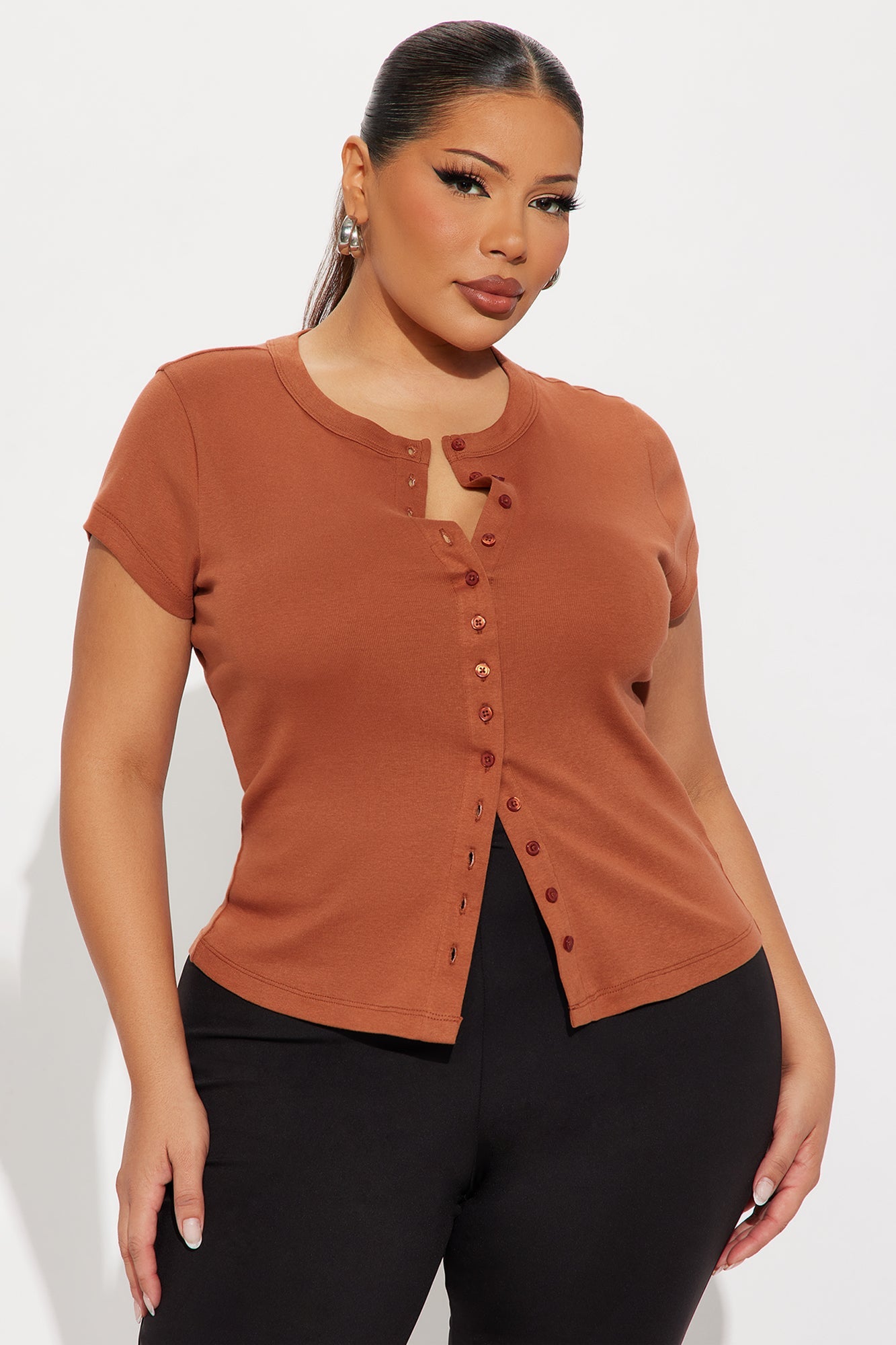 Freya Button Up Short Sleeve Top - Rust