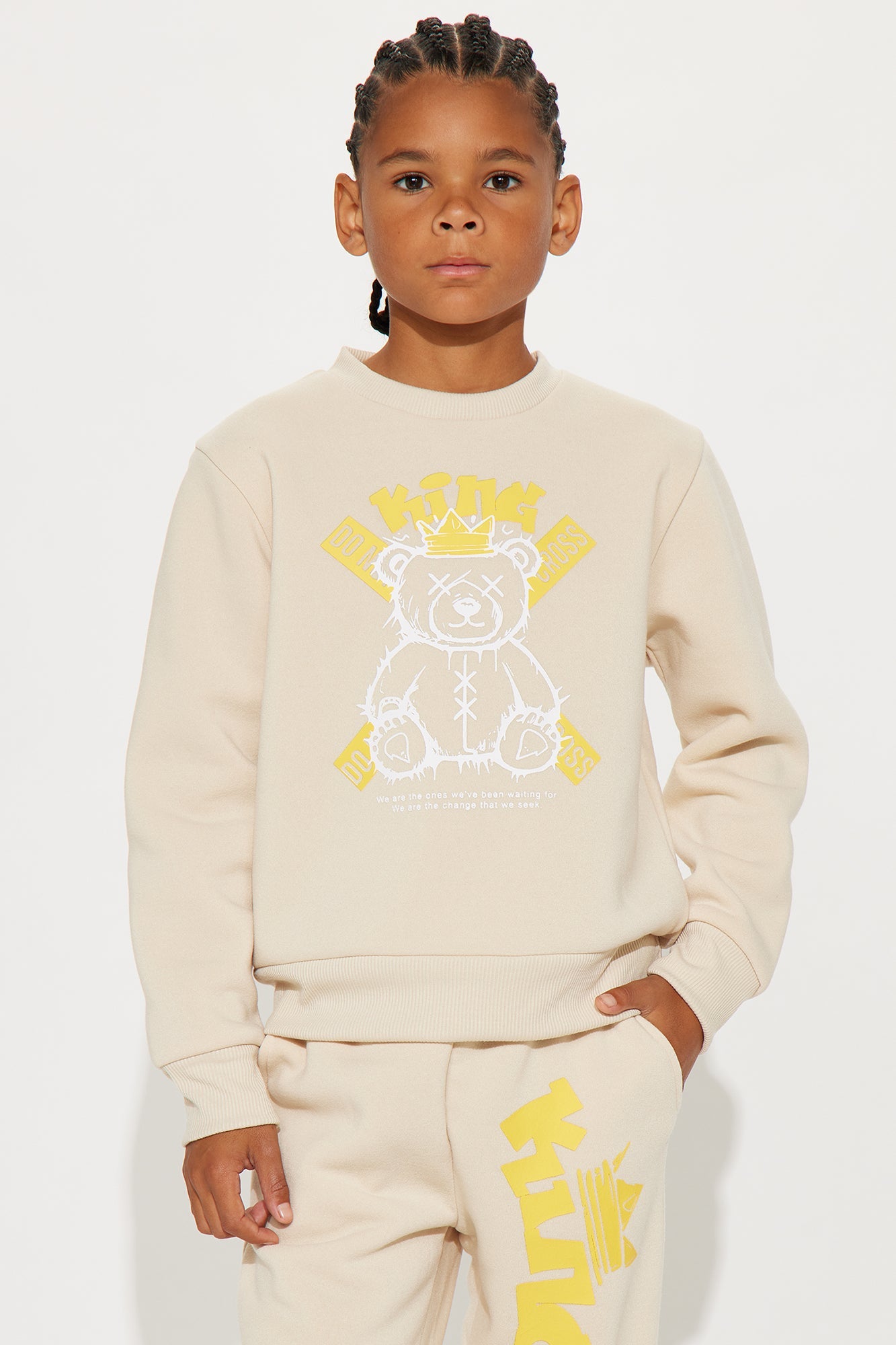 Mini Yes I'm A King Sweatshirt And Jogger Pant Set - Sand