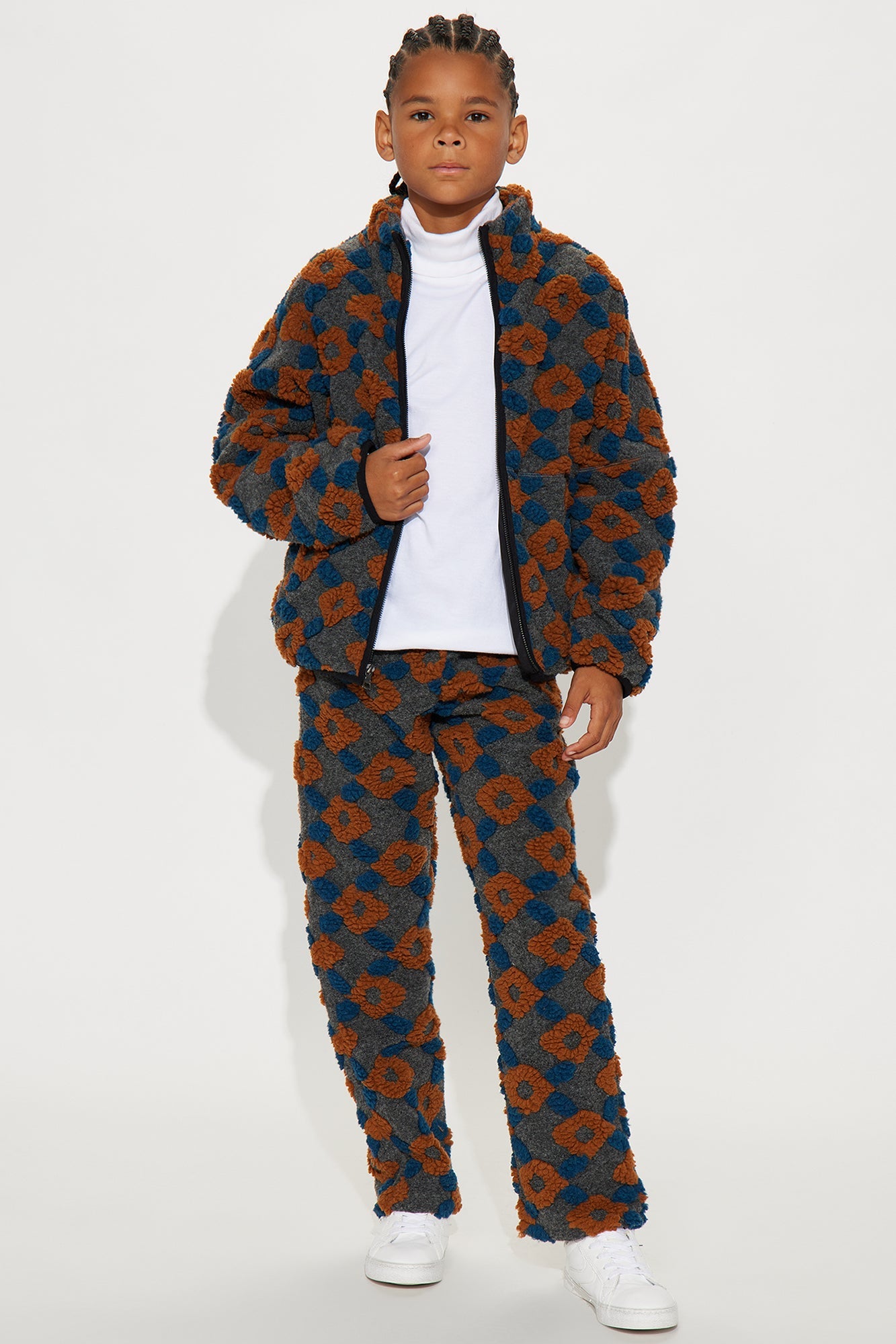 Mini Oversized Floral Sherpa Zip Jacket - Grey