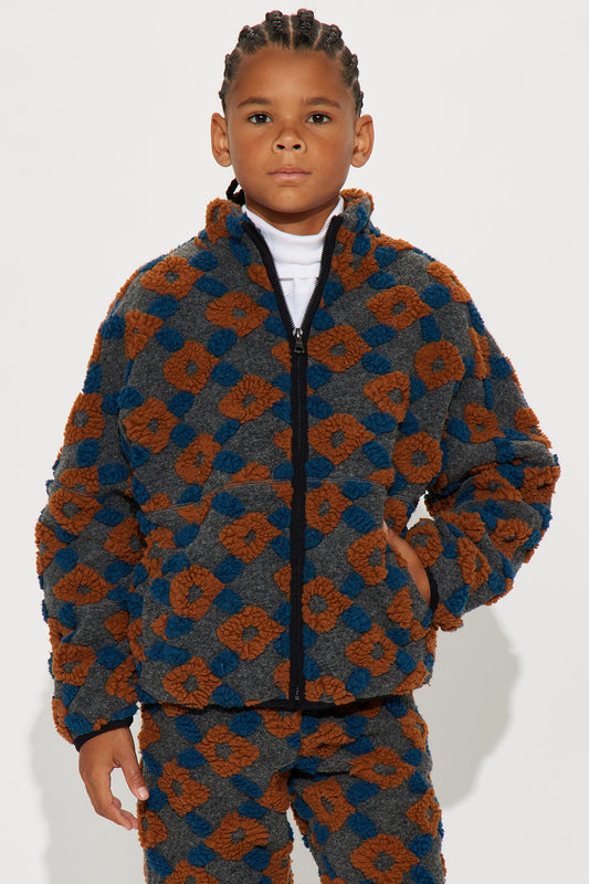 Mini Oversized Floral Sherpa Zip Jacket - Grey