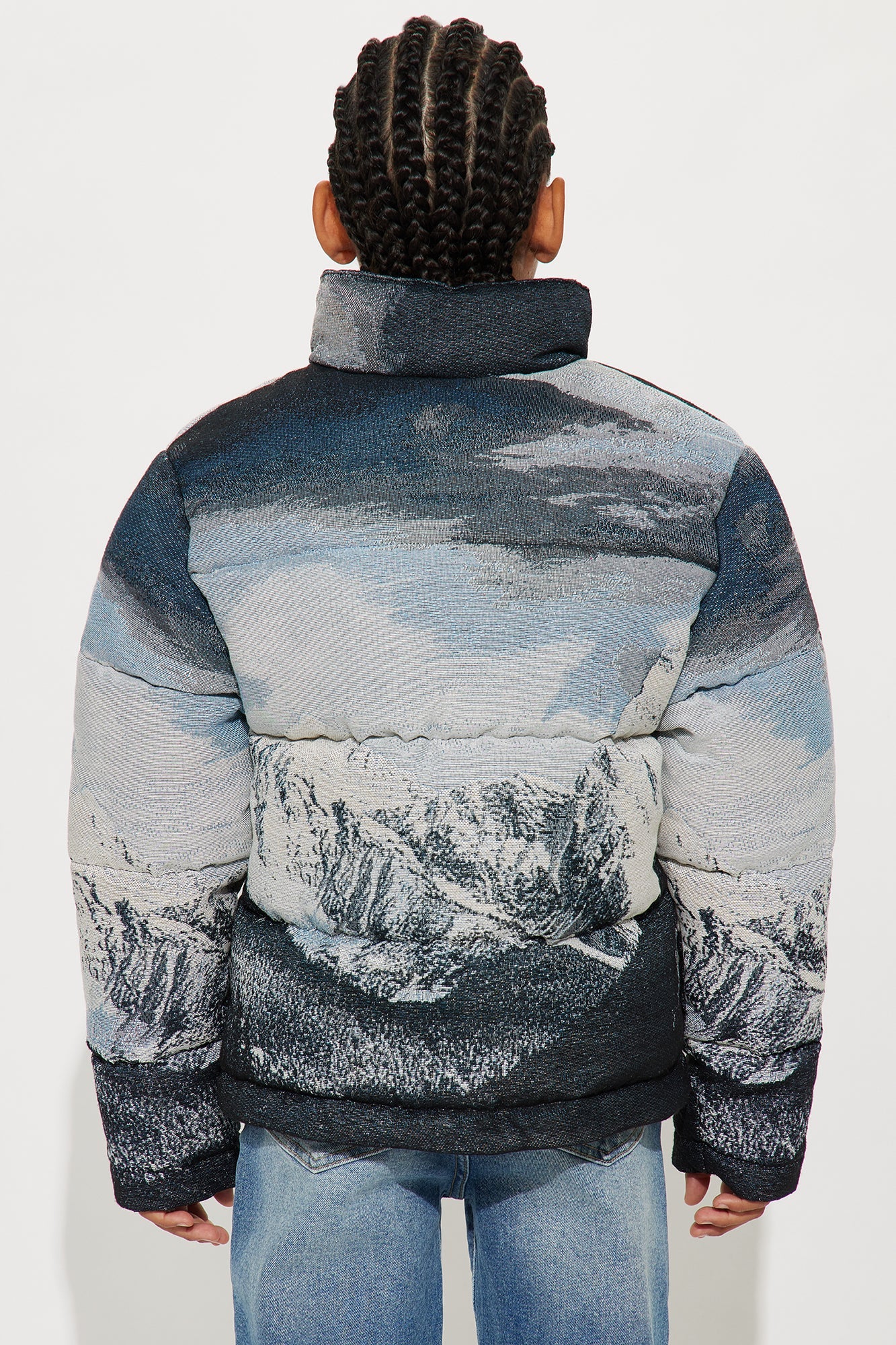 Mini Cabin Escape Tapestry Puffer Jacket - Navy