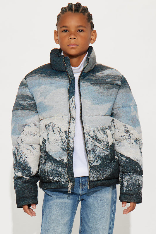 Mini Cabin Escape Tapestry Puffer Jacket - Navy