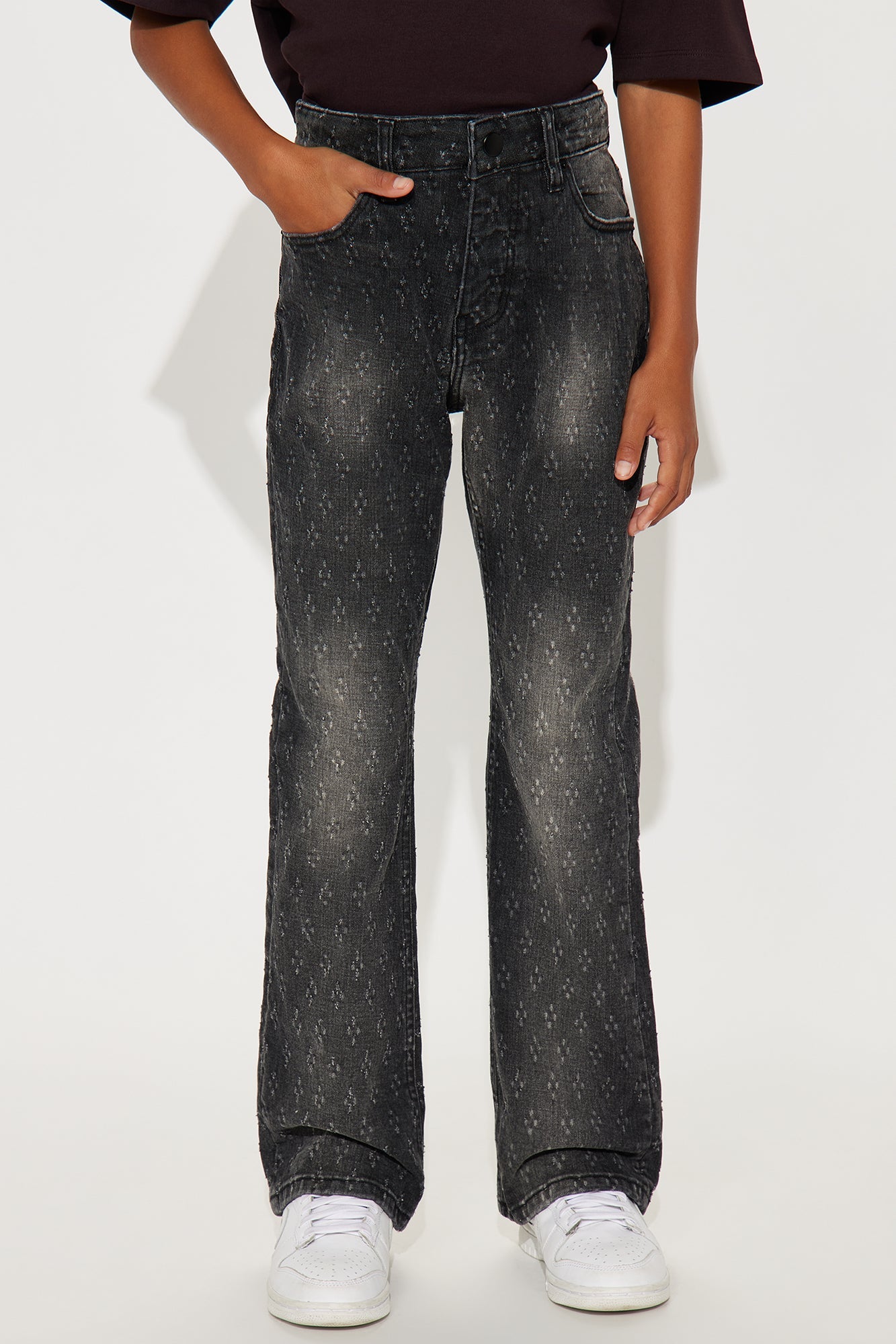 Mini Drilled Slim Stacked Flare Jeans - Black Wash