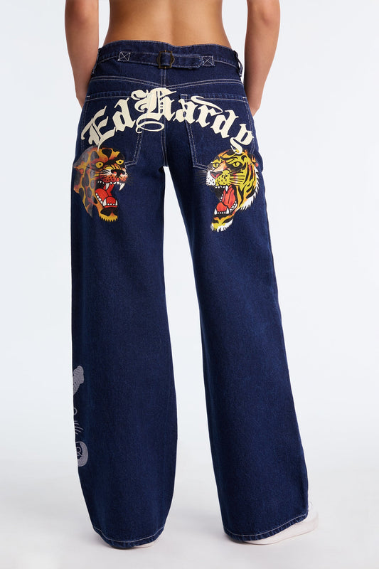 Ed Hardy Tiger Baggy Jeans - Medium Wash