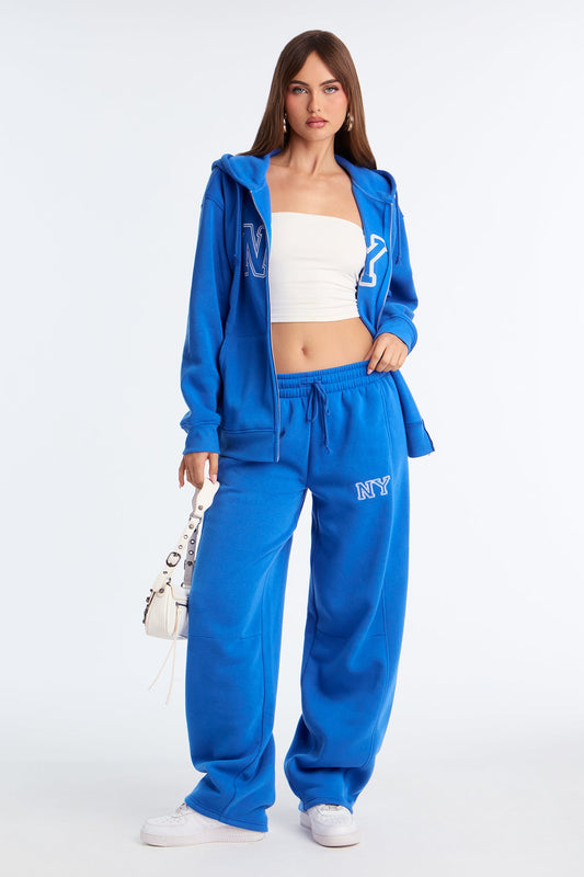New York Fleece Hoodie Barrel Leg Pant Set - Blue