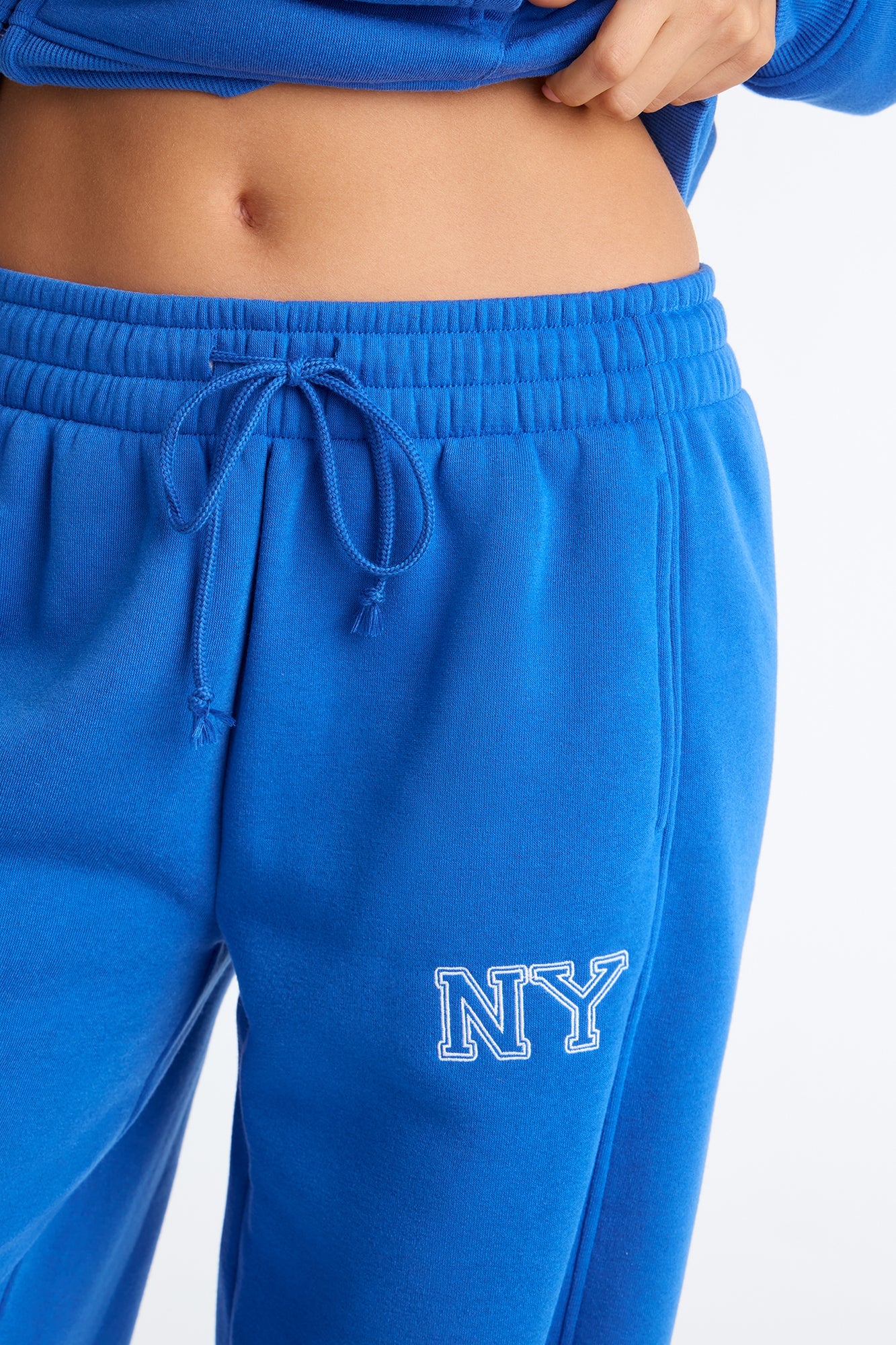 New York Fleece Hoodie Barrel Leg Pant Set - Blue