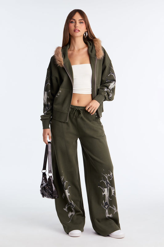 Edgy Vibe Fleece Washed Pant Set - Olive