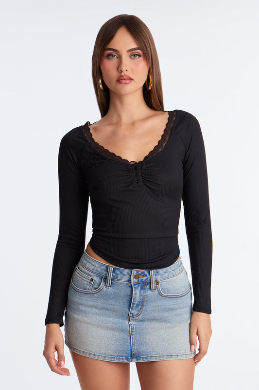 Selena Lace Trim Long Sleeve Top - Black