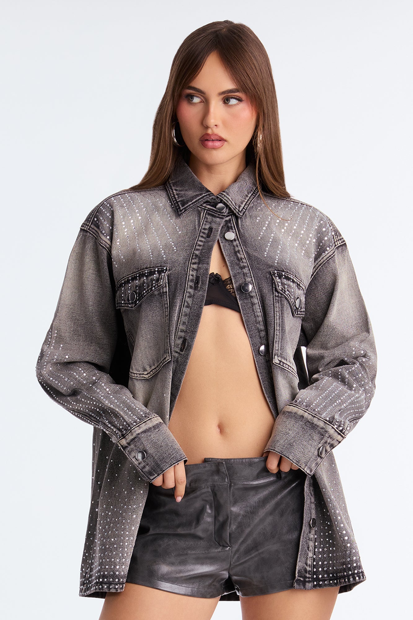 Chasing A Dream Embellished Denim Shacket - Grey