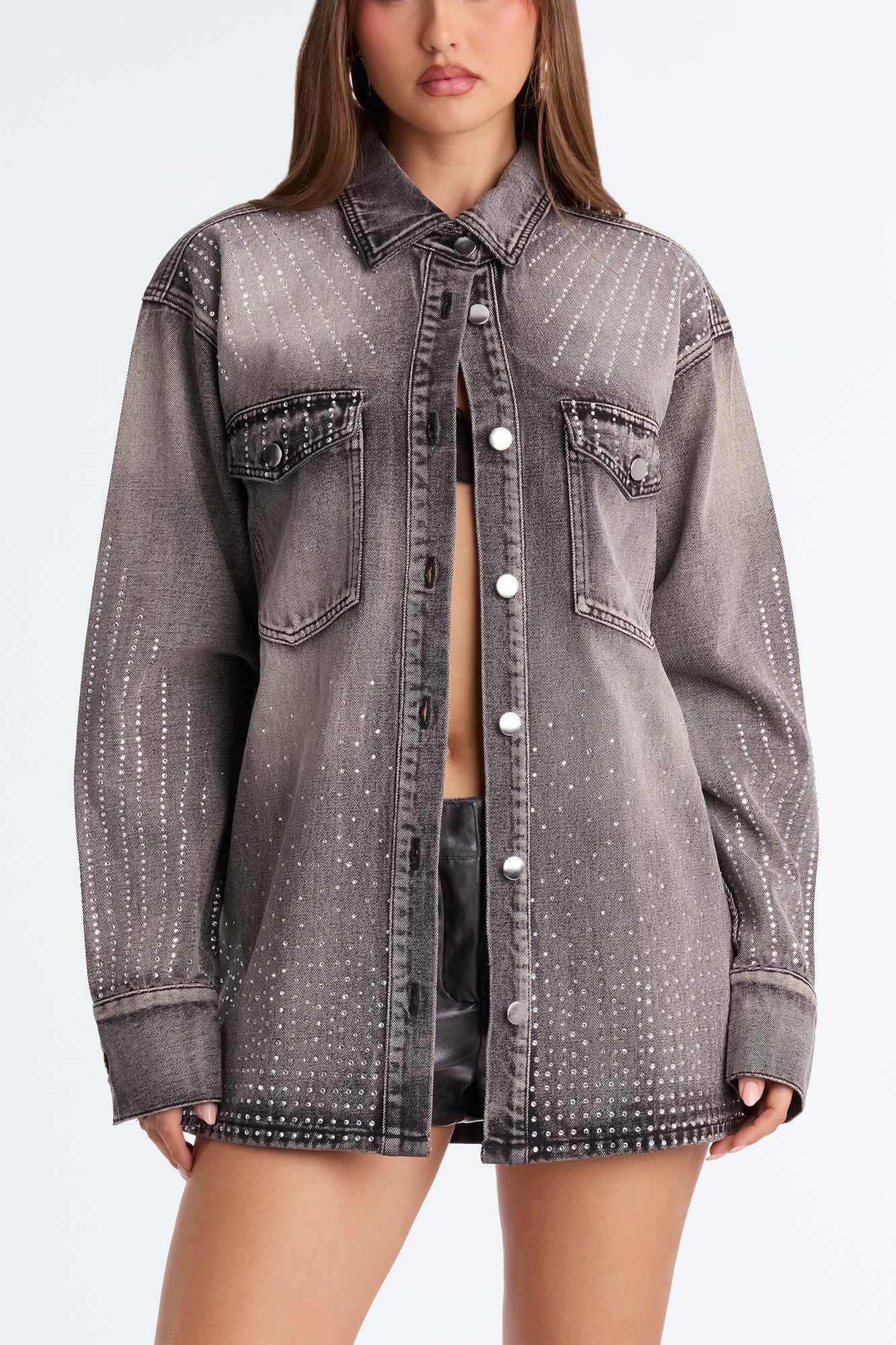 Chasing A Dream Embellished Denim Shacket - Grey