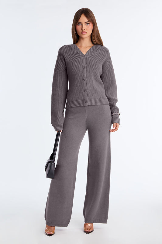 Hazel Hooded Sweater Wide Leg Pant Set - Grey
