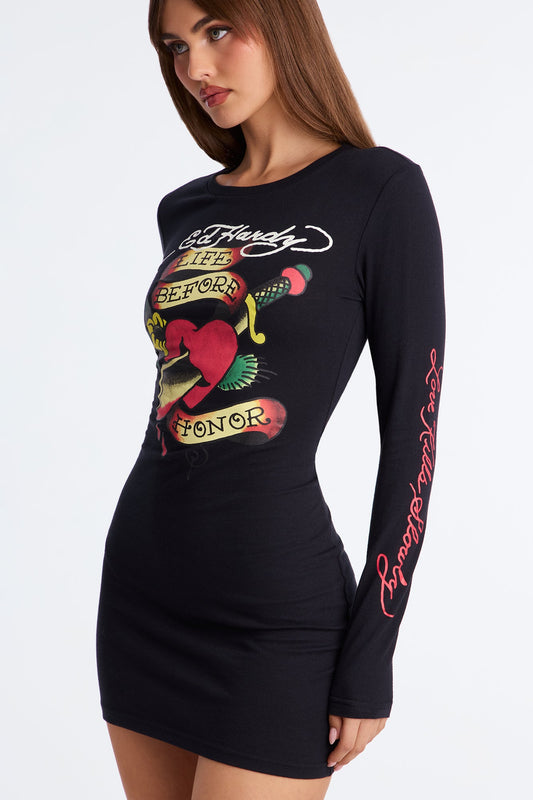 Ed Hardy Honor Dagger Long Sleeve Mini Dress - Black