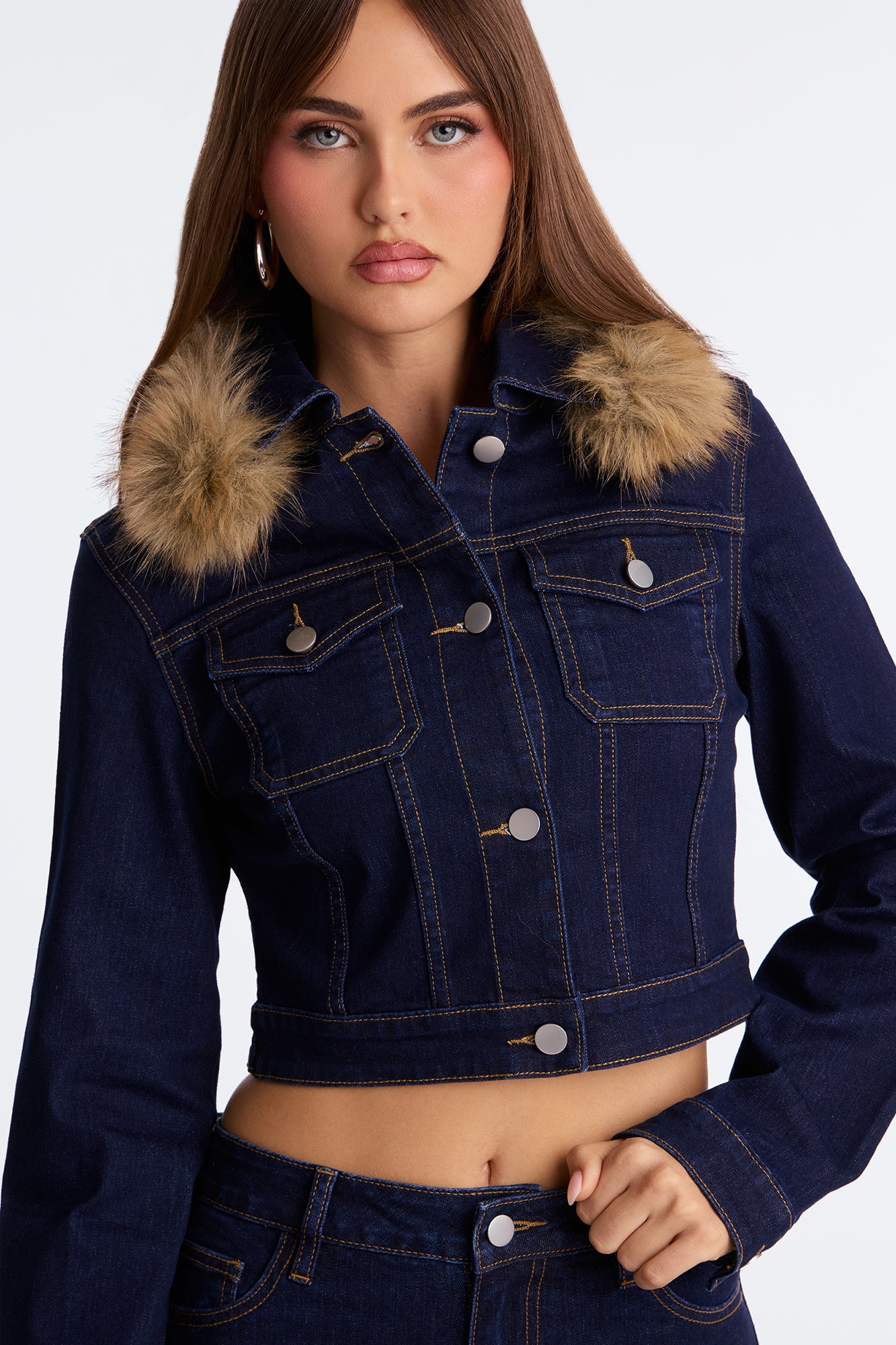 Bitter Queen Faux Fur Denim Jacket - Dark Denim