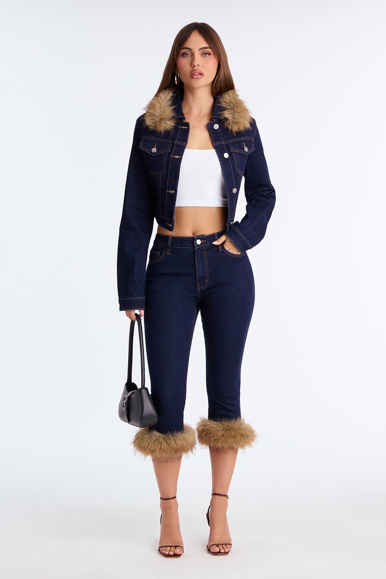 Bitter Queen Faux Fur Capri Jeans - Dark Denim