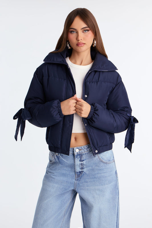 Coquette Touch Bow Puffer Jacket - Navy