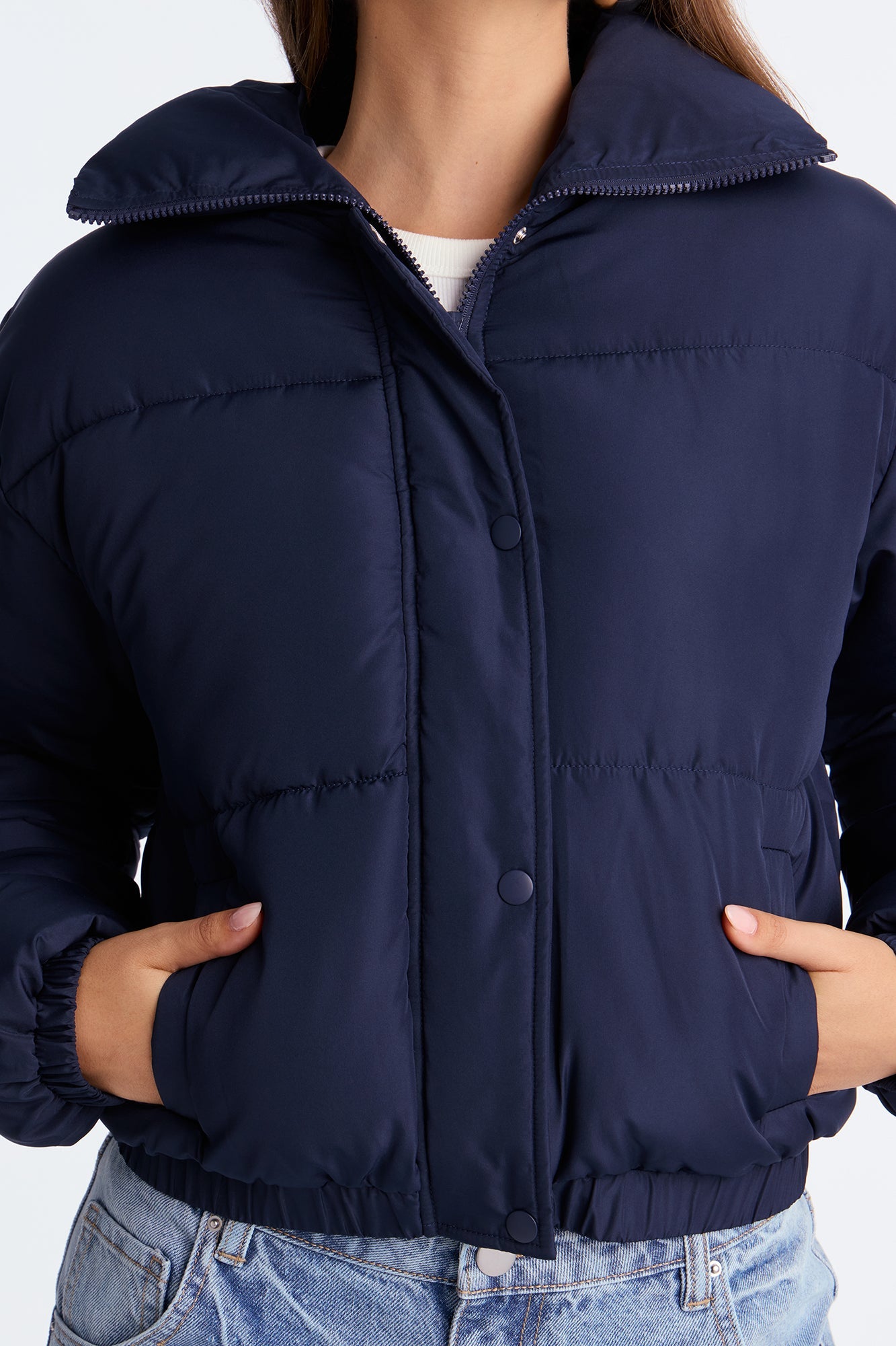 Coquette Touch Bow Puffer Jacket - Navy