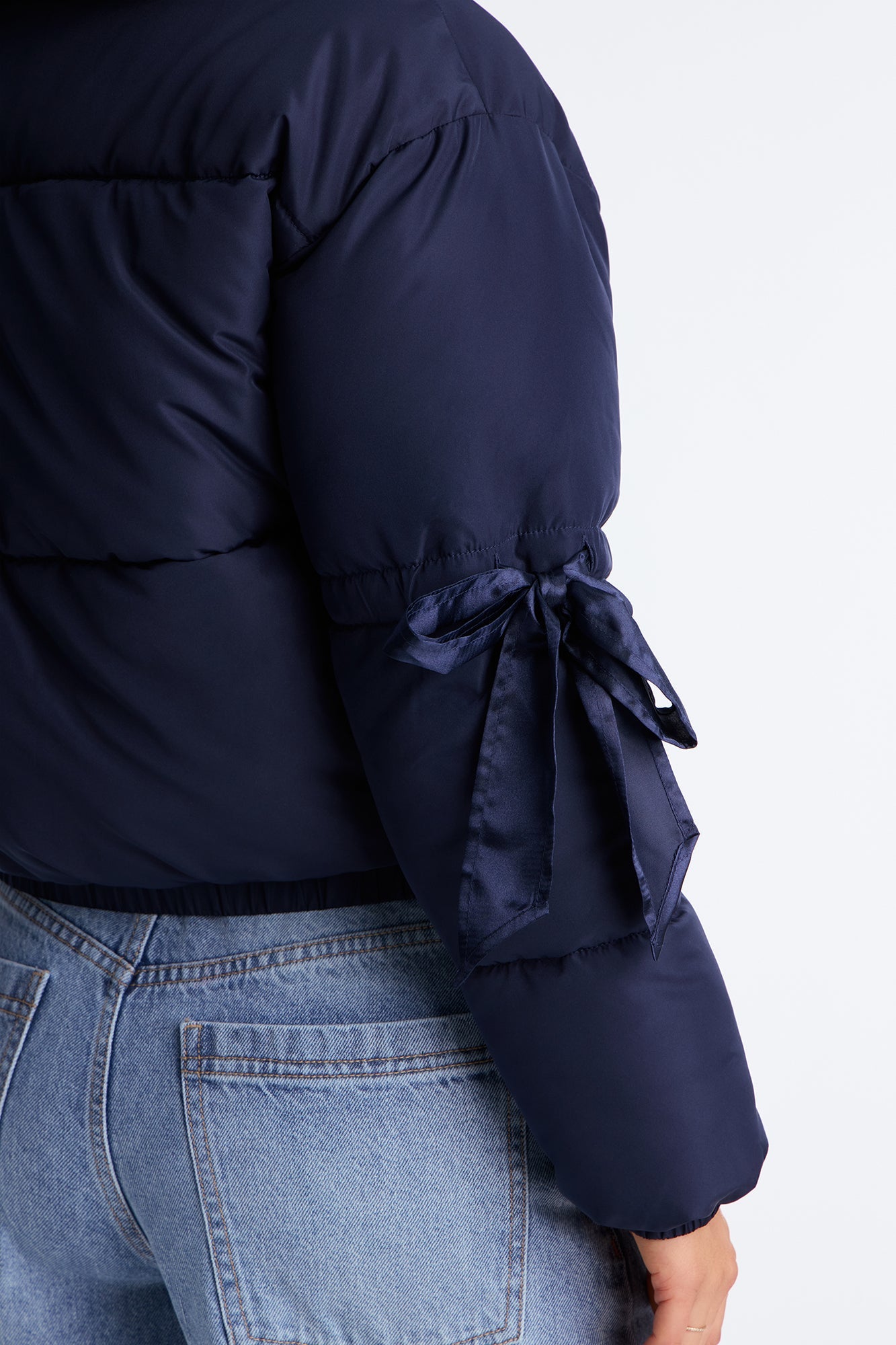 Coquette Touch Bow Puffer Jacket - Navy