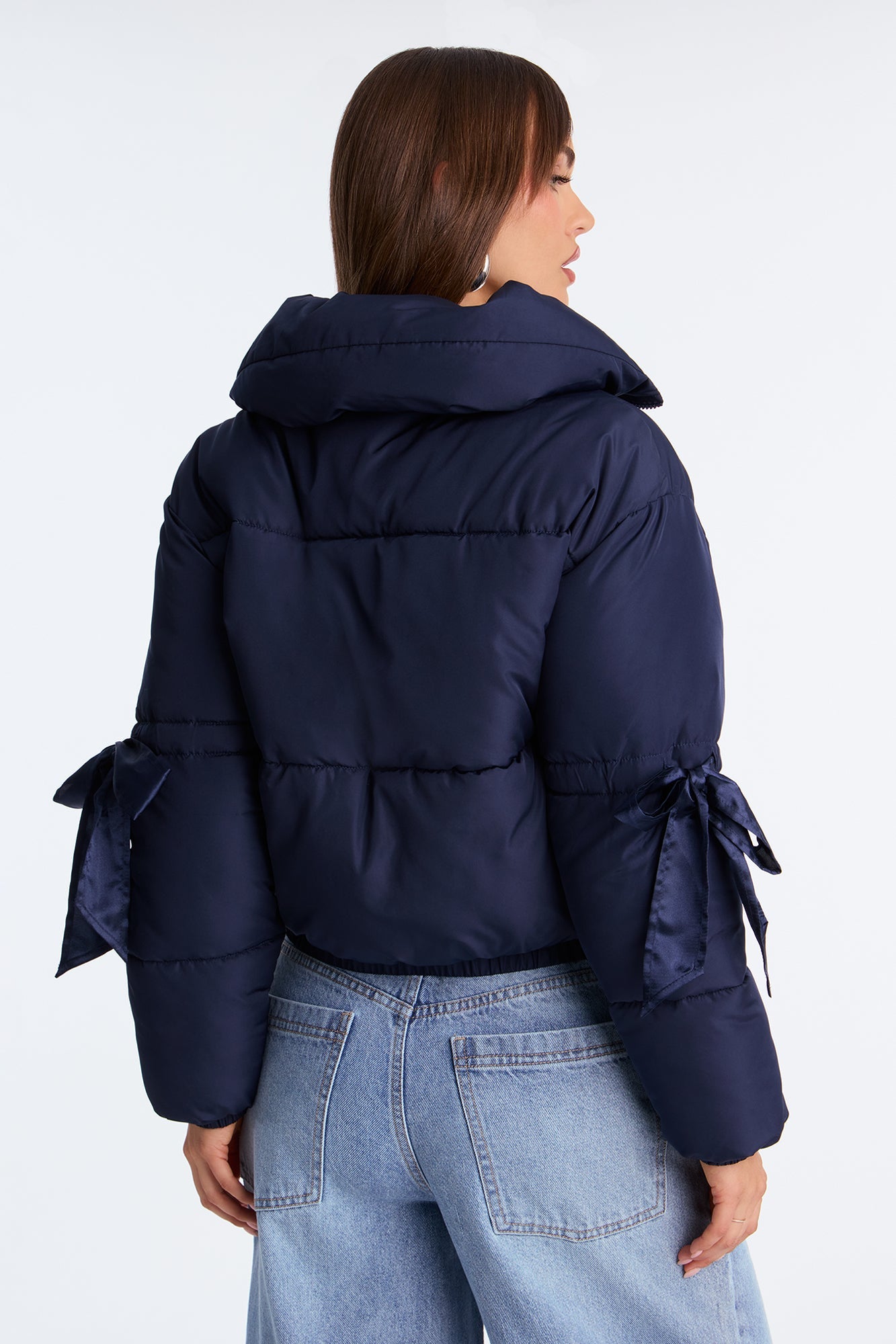 Coquette Touch Bow Puffer Jacket - Navy