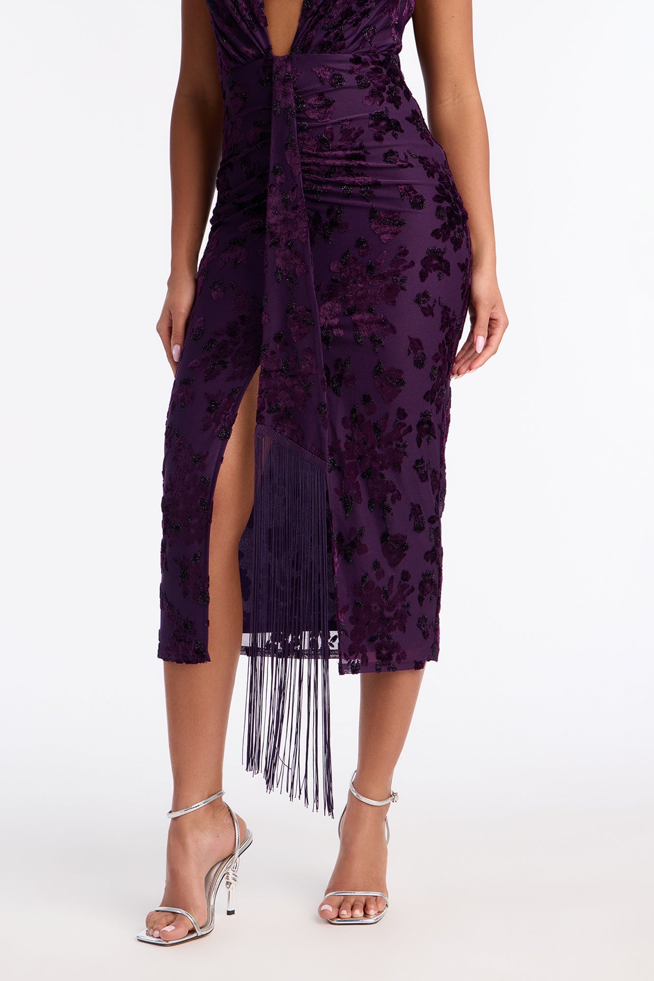 Kiana Open Back Mesh Flocked Mid Dress - Plum